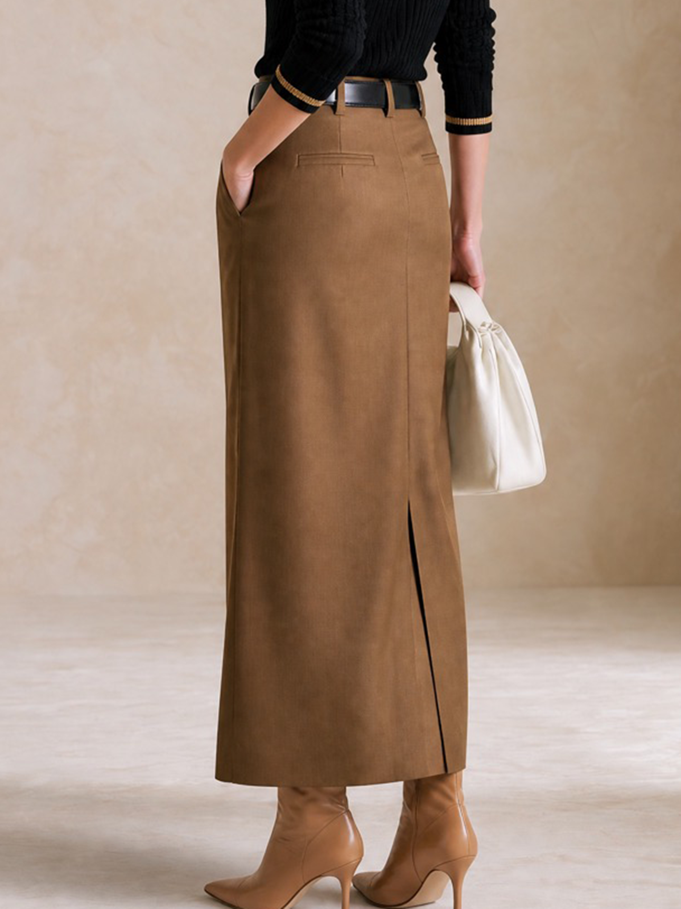 Coffee High‑Waist Pleated Tailored Straight Maxi Skirt