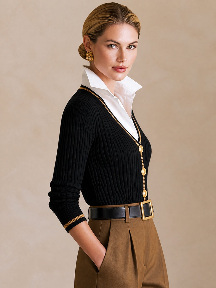 Faux‑Two‑Piece Knit Sweater With White Shirt Collar & Gold Trim