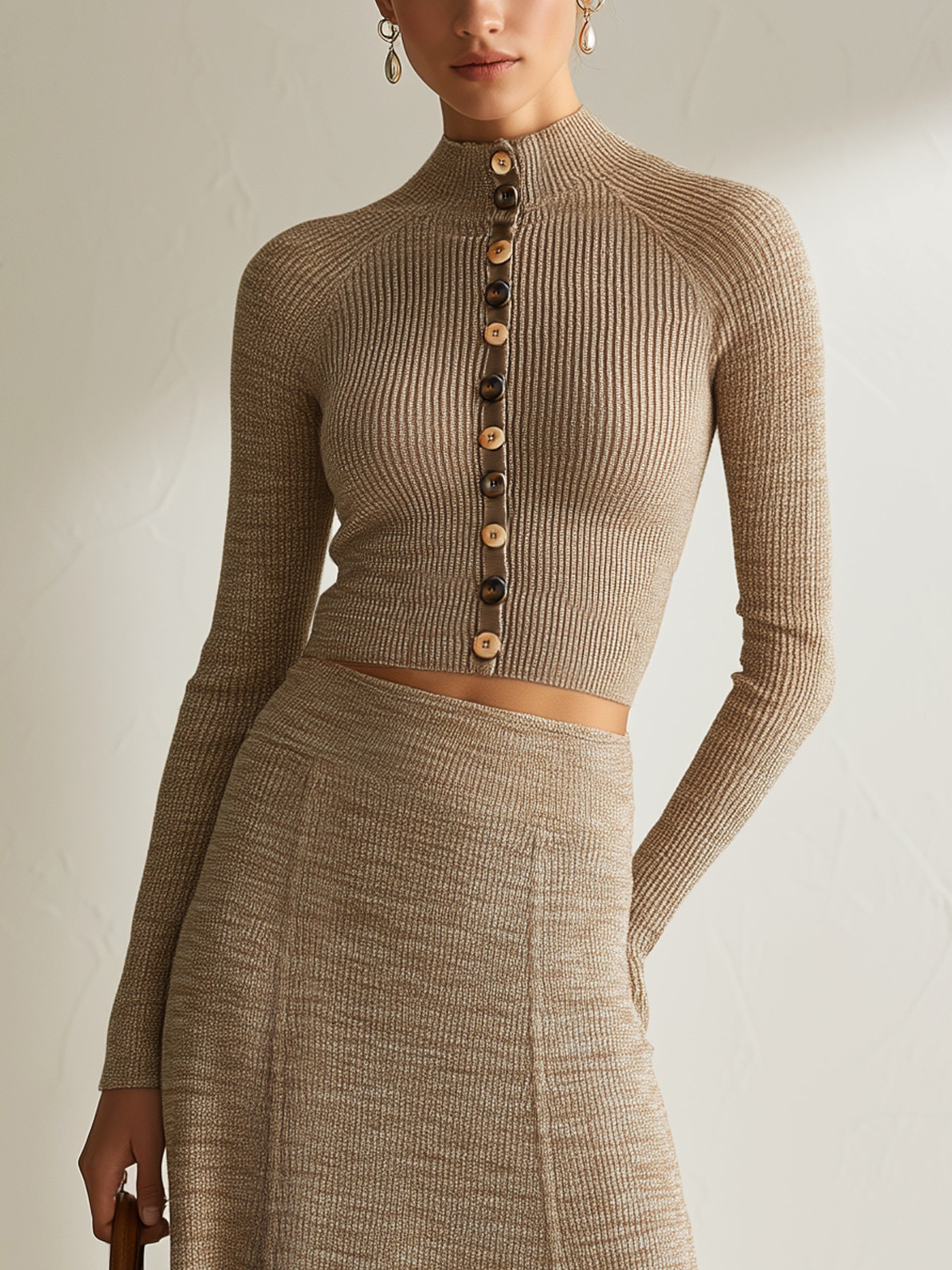 Mock‑Neck Button‑Front Cropped Knit Cardigan