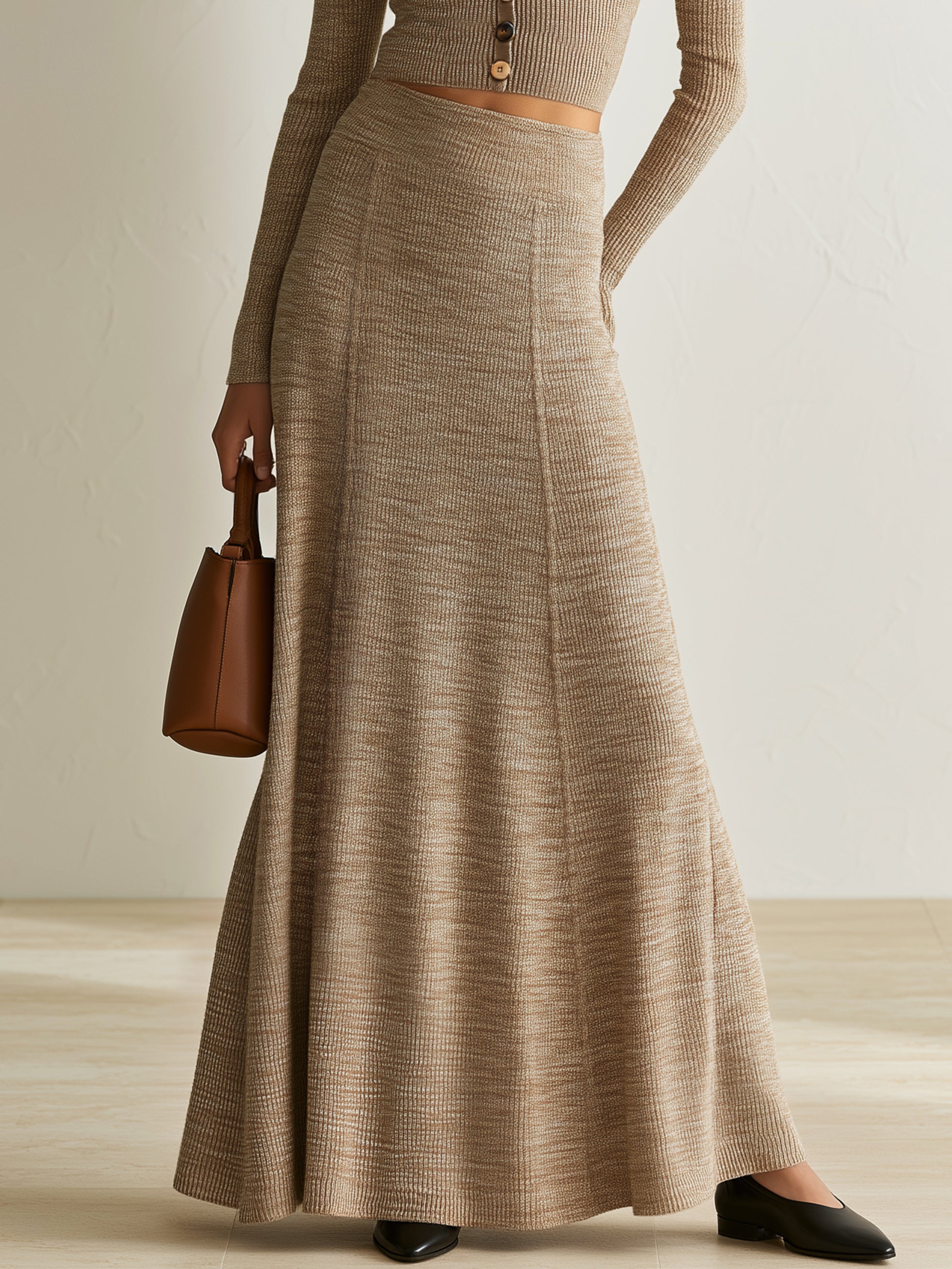 Elegant Ribbed Knit Flared Godet Maxi Skirt