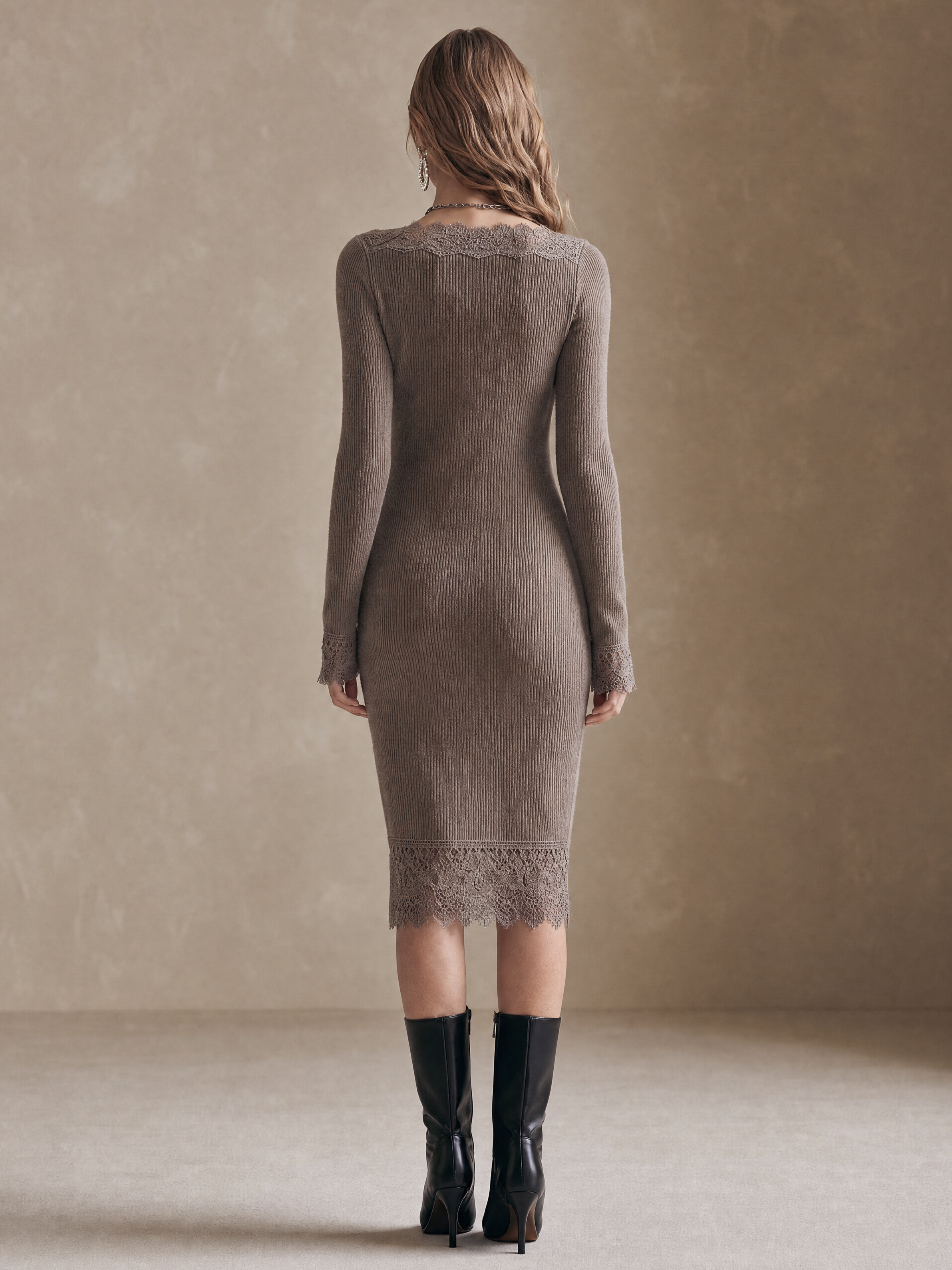 Elegant Taupe Square-Neck Lace-Trim Knit Midi Dress