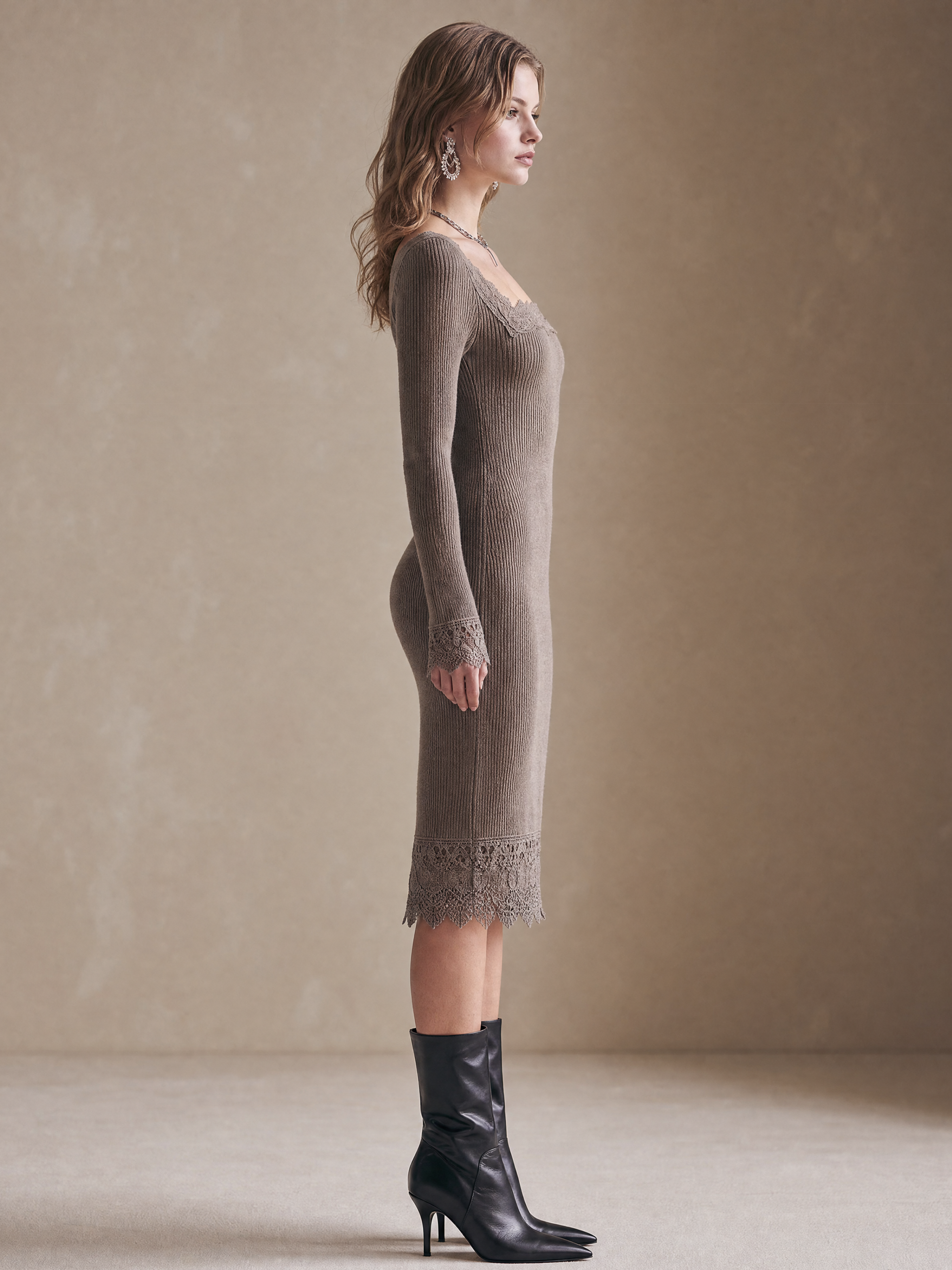 Elegant Taupe Square-Neck Lace-Trim Knit Midi Dress