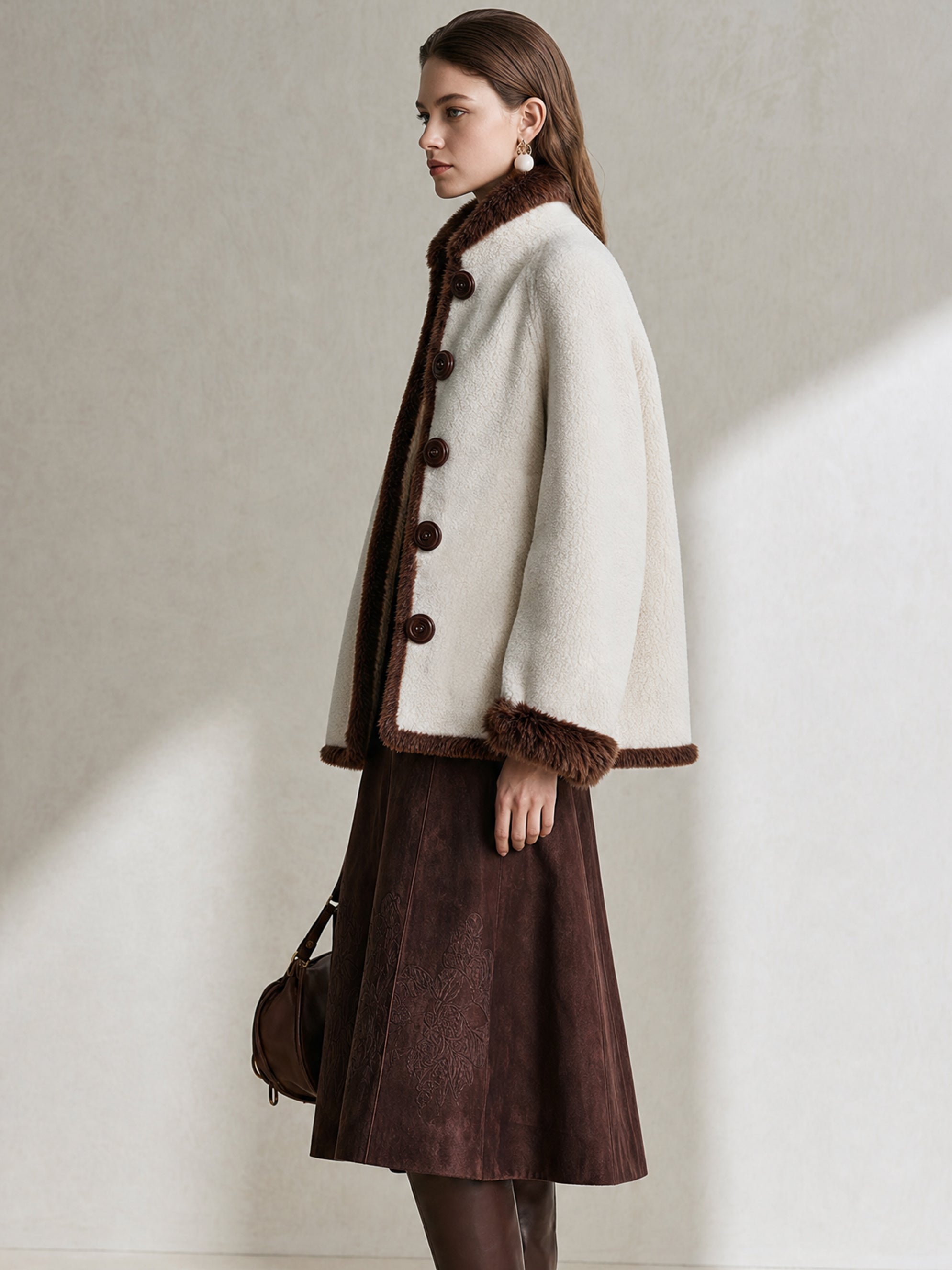 Faux‑Shearling Contrast Fur‑Trim Stand‑Collar Coat Outerwear