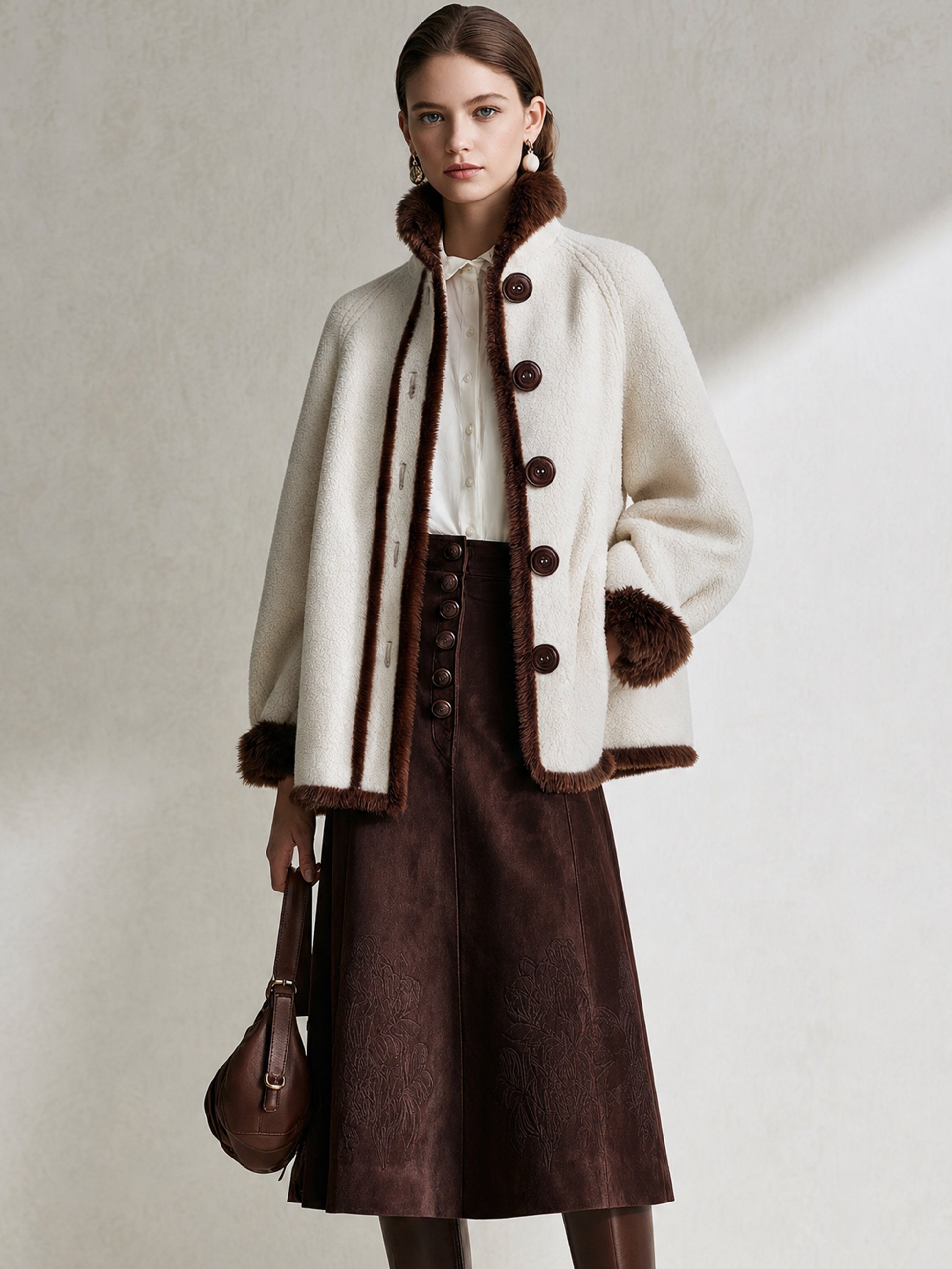 Faux‑Shearling Contrast Fur‑Trim Stand‑Collar Coat Outerwear