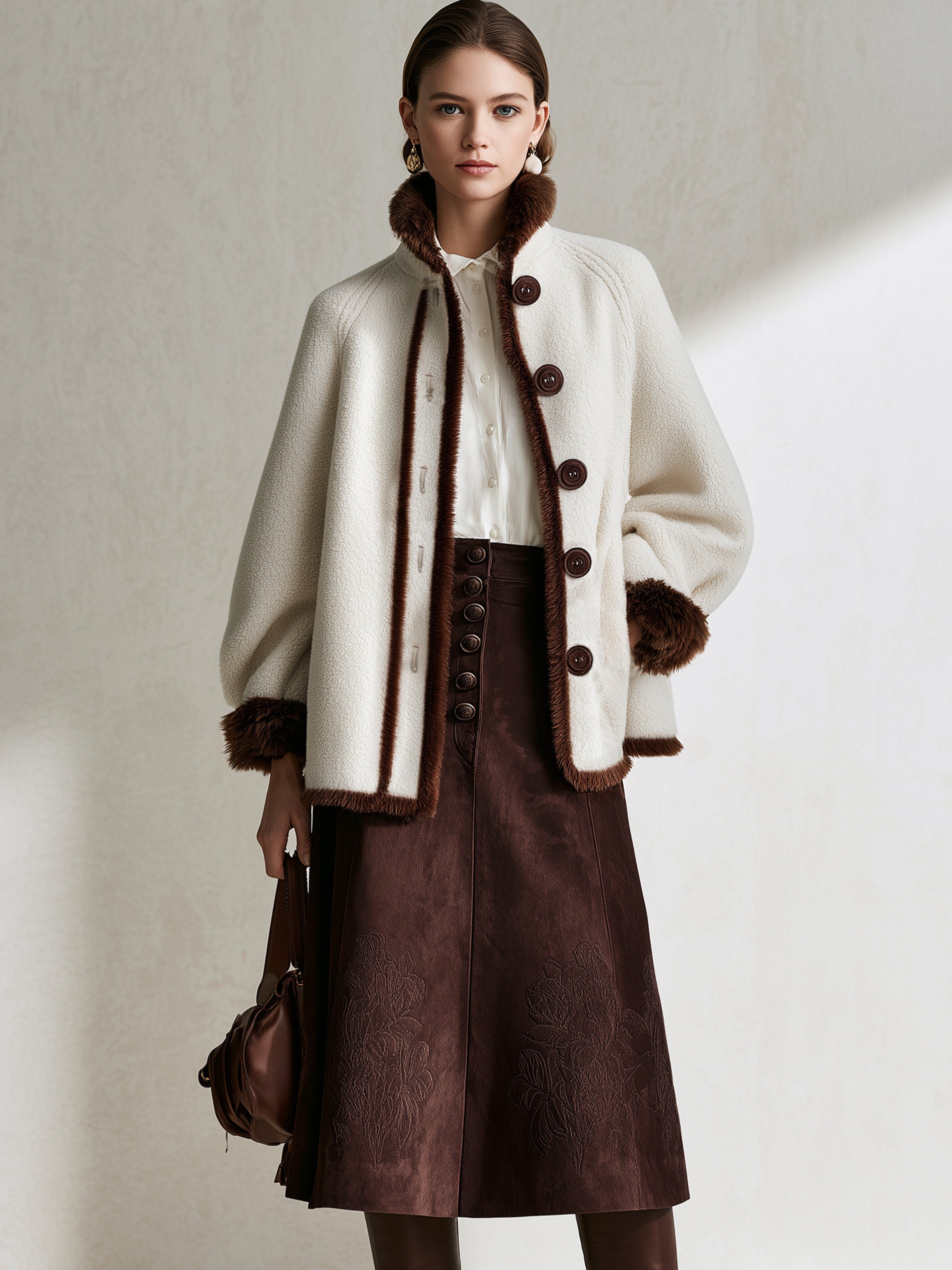 Faux‑Shearling Contrast Fur‑Trim Stand‑Collar Coat Outerwear