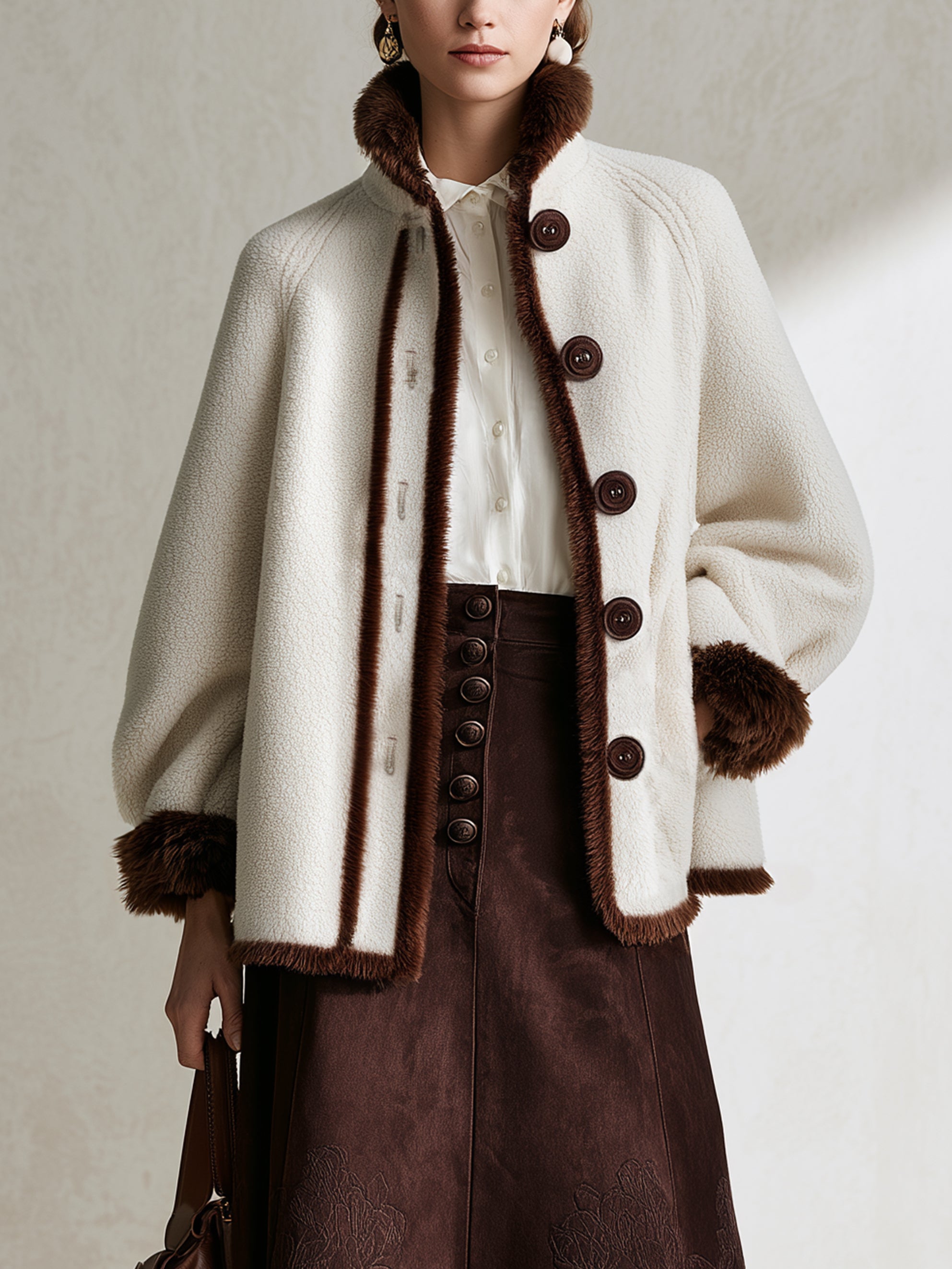 Faux‑Shearling Contrast Fur‑Trim Stand‑Collar Coat Outerwear