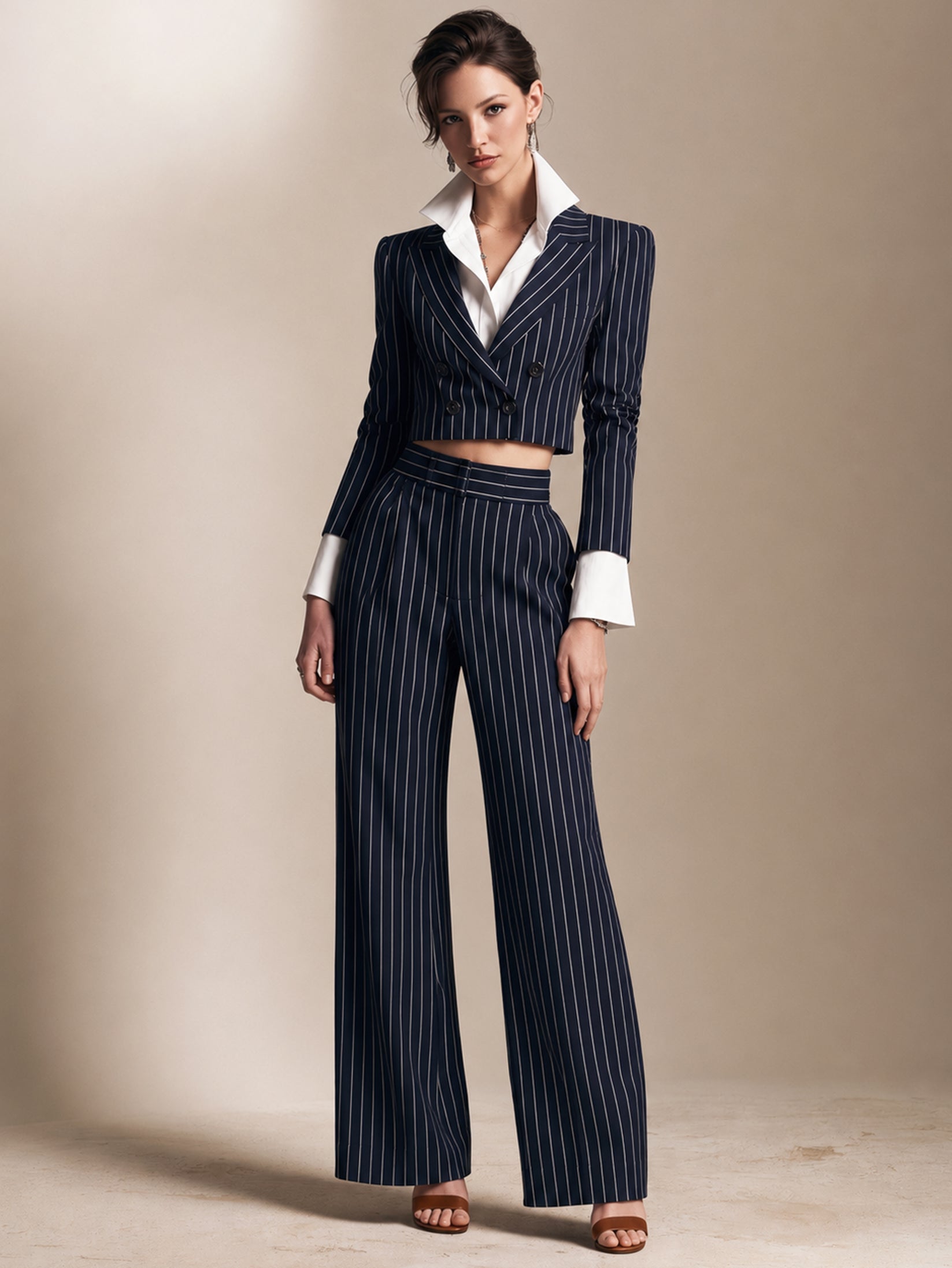 Elegant Black Pinstriped Jacket And Trousers Set With A Faux-layered Design
