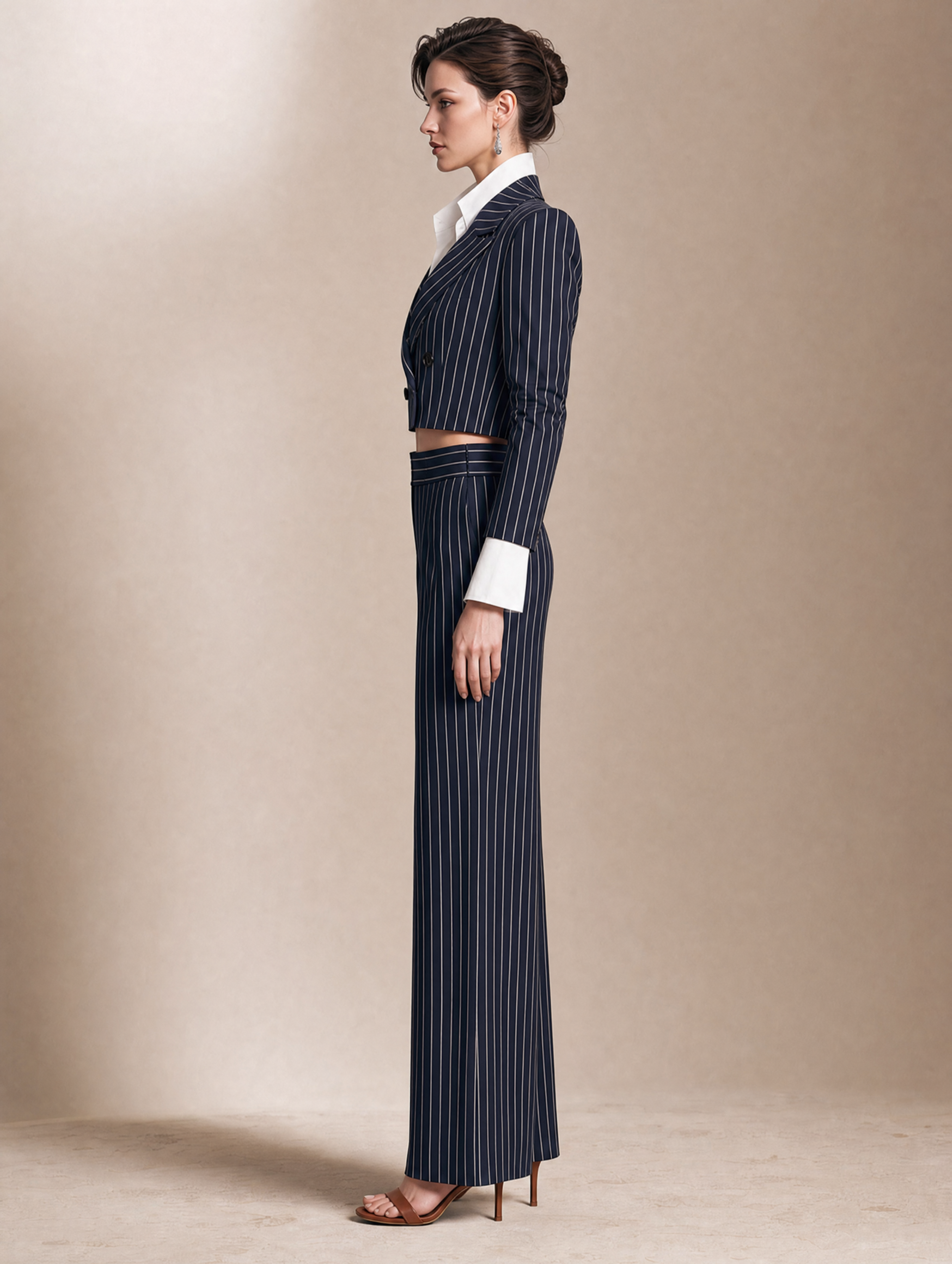 Elegant Black Pinstriped Jacket And Trousers Set With A Faux-layered Design