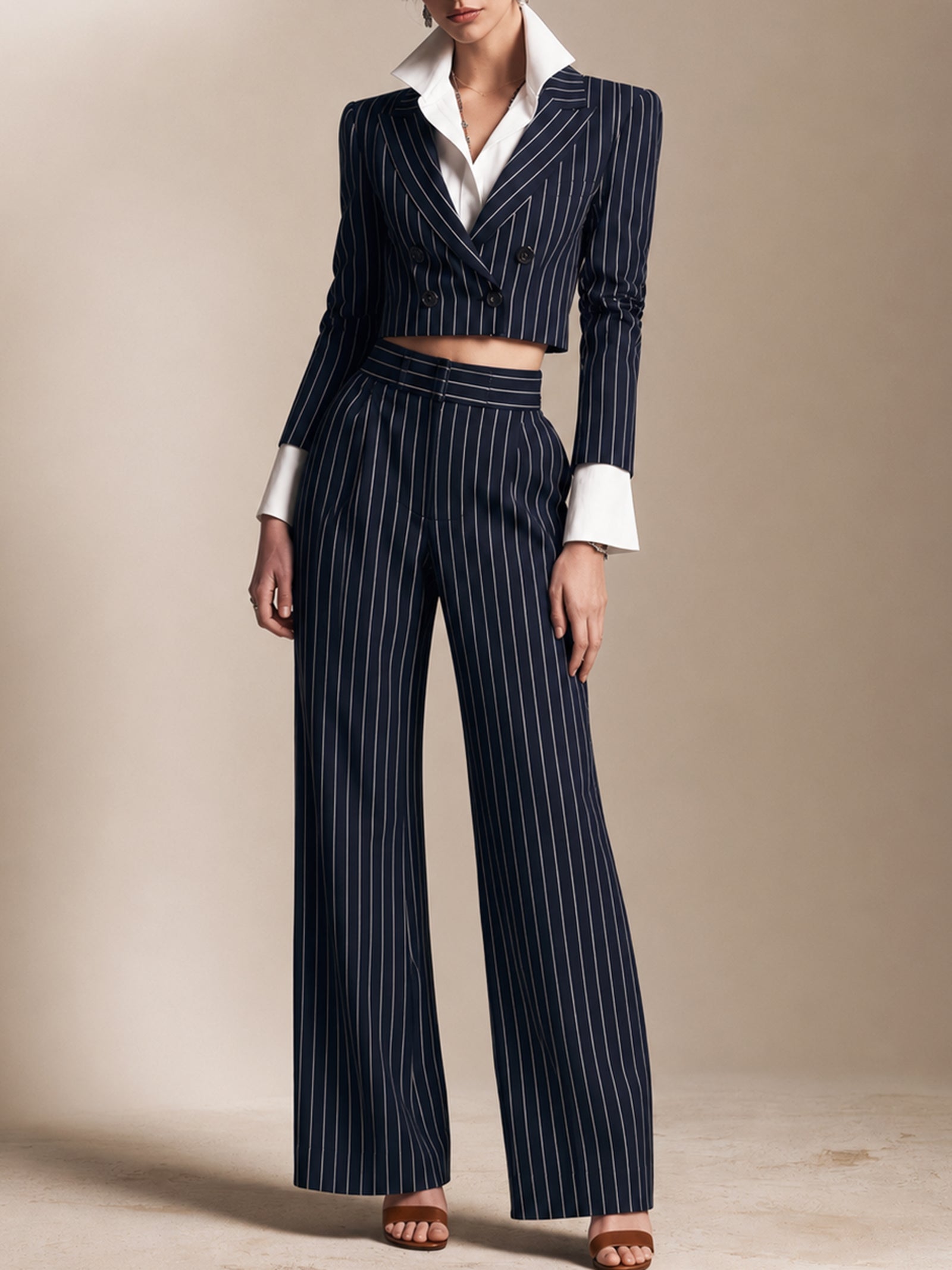 Elegant Black Pinstriped Jacket And Trousers Set With A Faux-layered Design