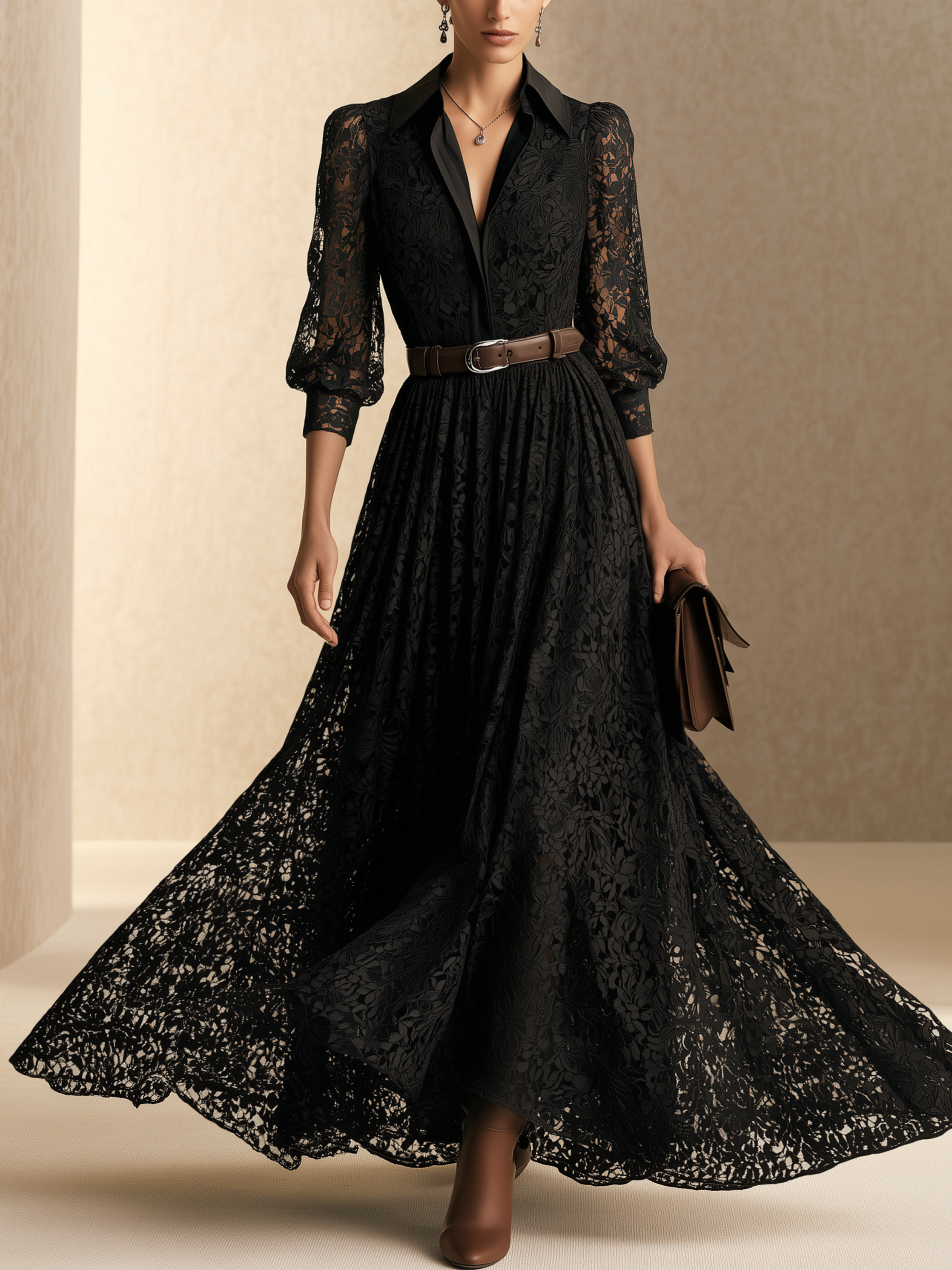 Black Lace Collared Belted Bubble‑Sleeve Maxi Dress