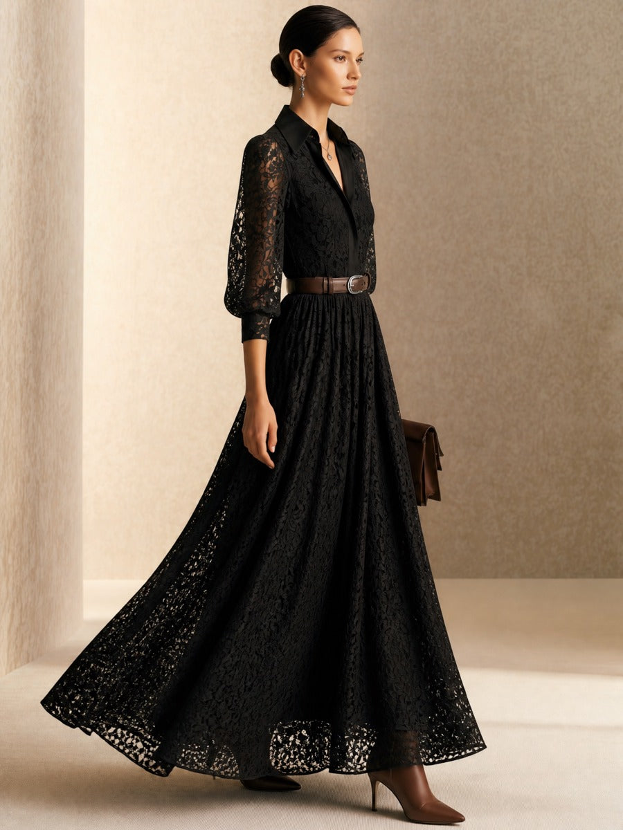 Black Lace Collared Belted Bubble‑Sleeve Maxi Dress
