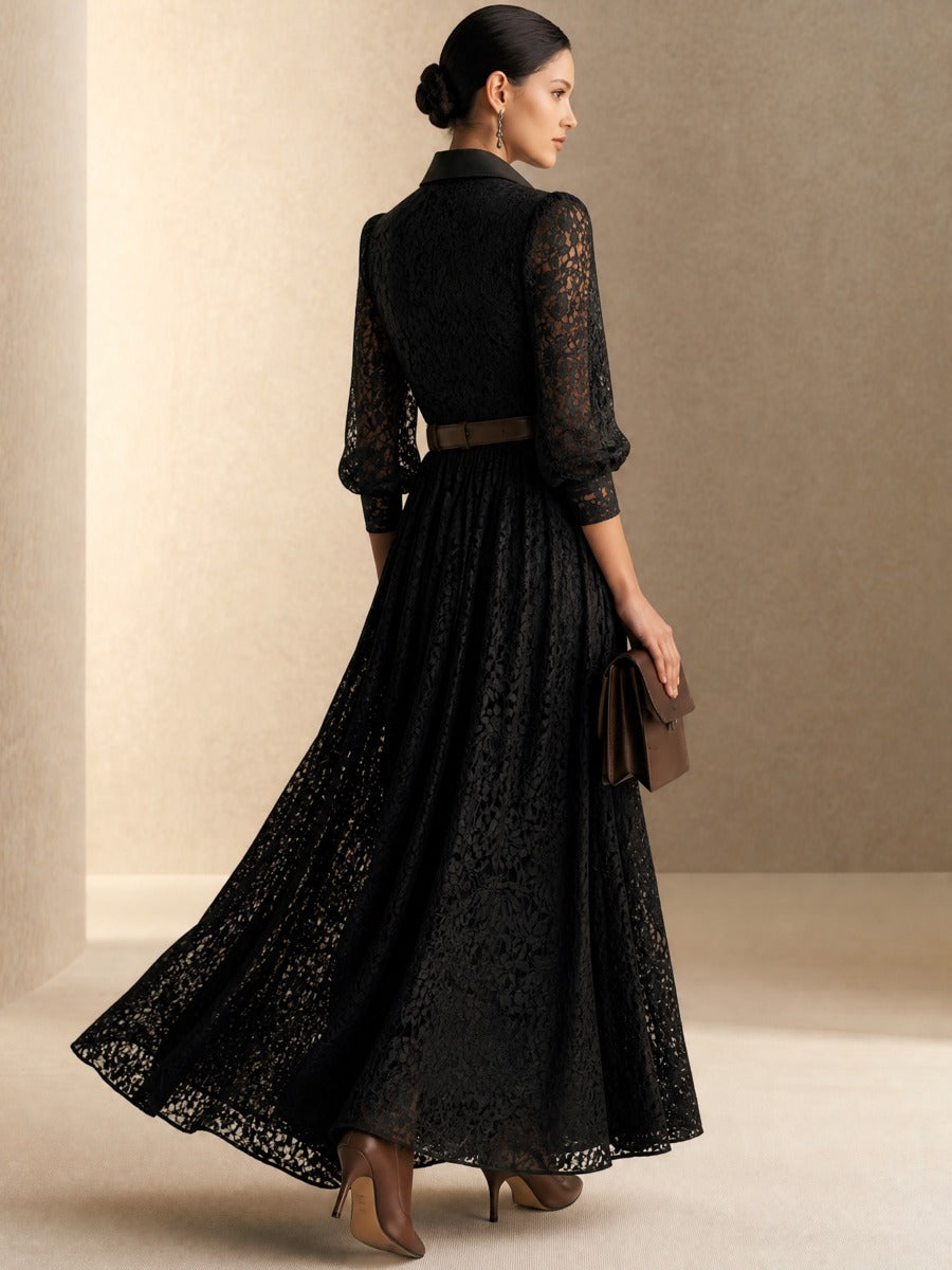 Black Lace Collared Belted Bubble‑Sleeve Maxi Dress