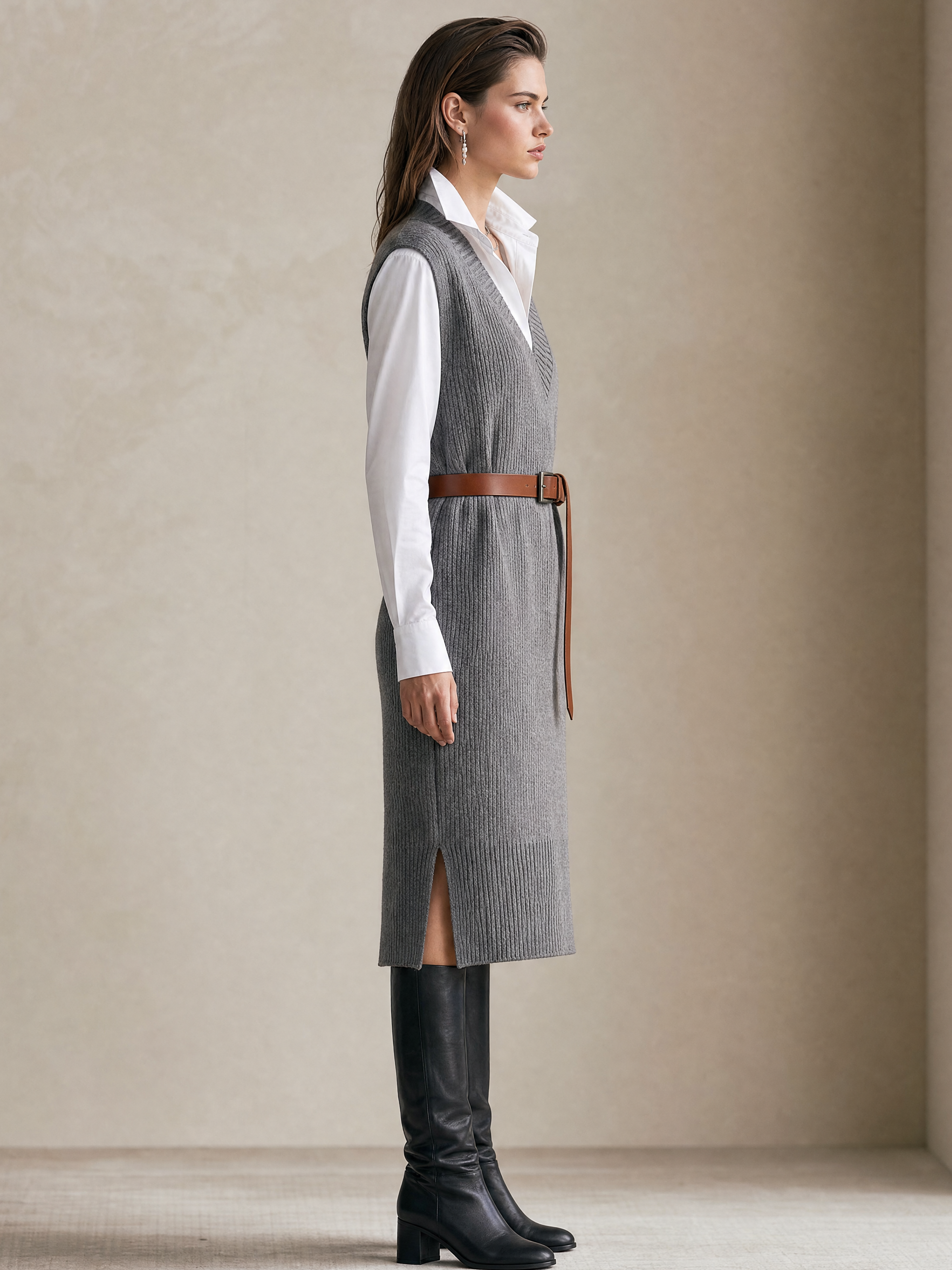 Elegant Grey V-Neck Knit Vest Midi Dress With Brown Belt