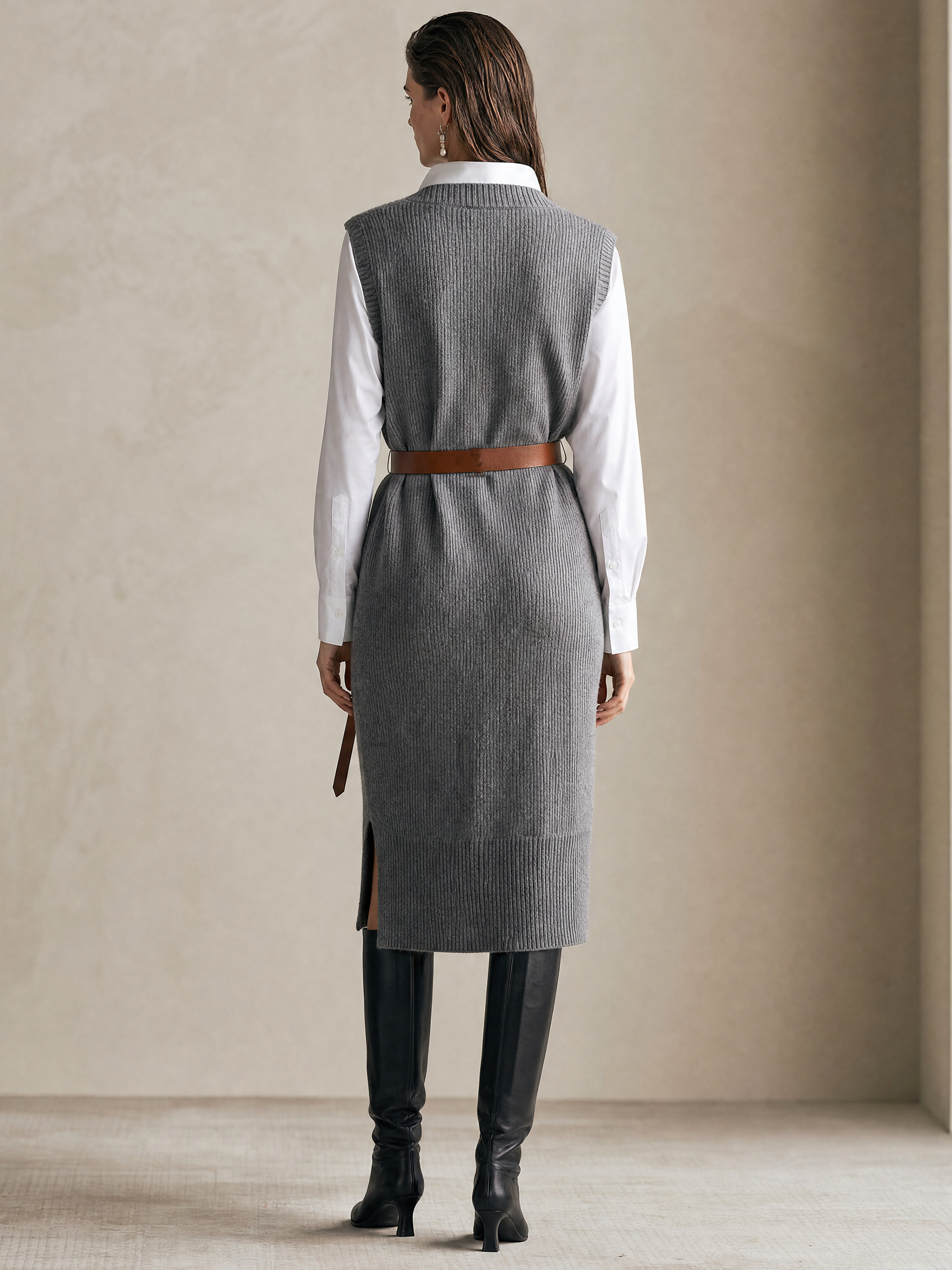Elegant Grey V-Neck Knit Vest Midi Dress With Brown Belt