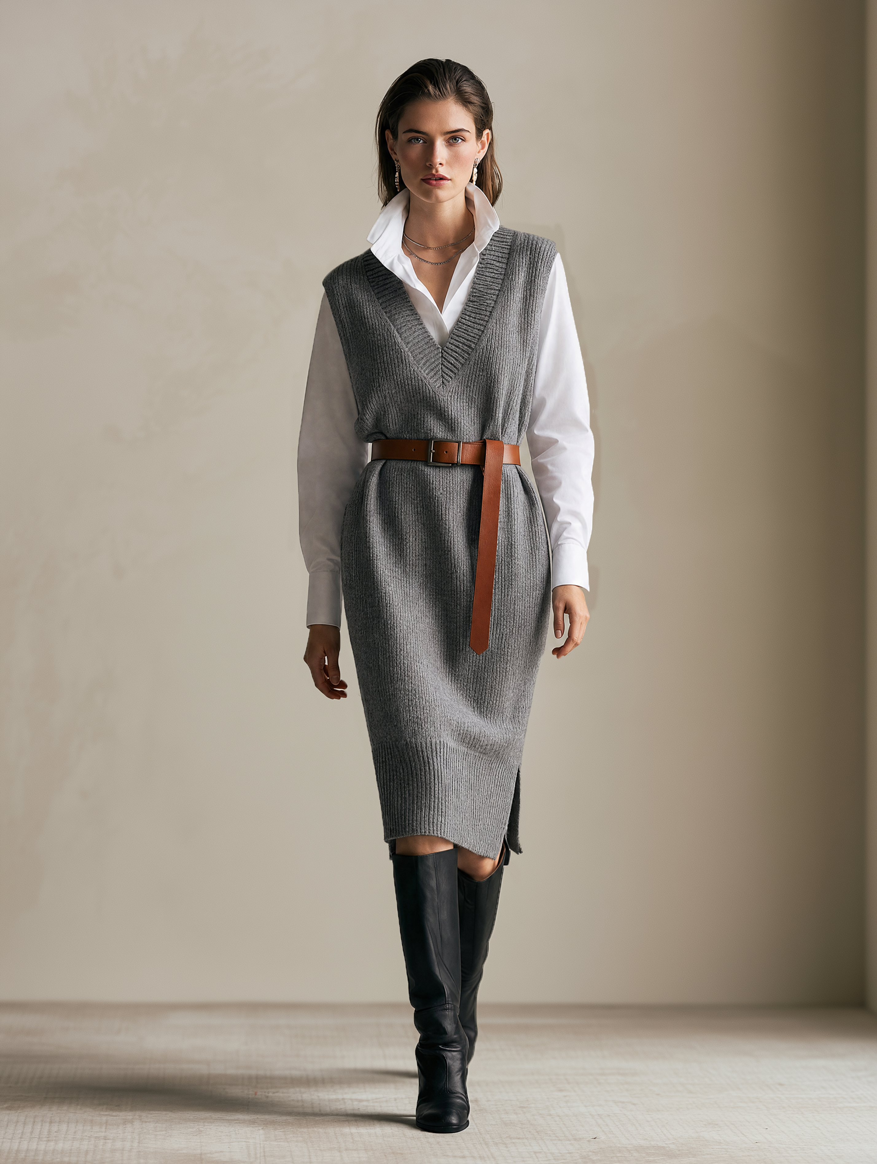 Elegant Grey V-Neck Knit Vest Midi Dress With Brown Belt