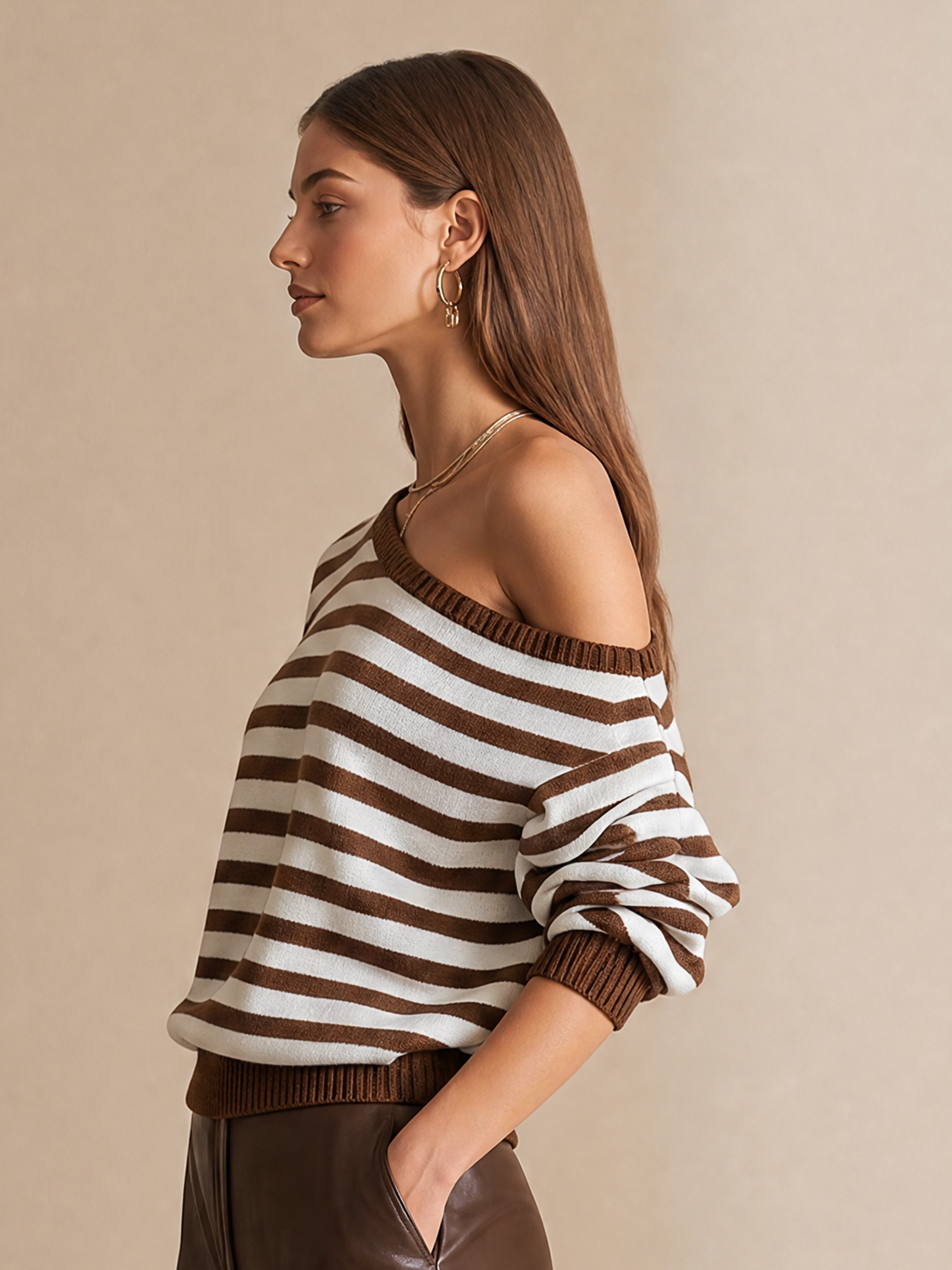 Elegant Brown & Ivory Striped Off-Shoulder Knit Top