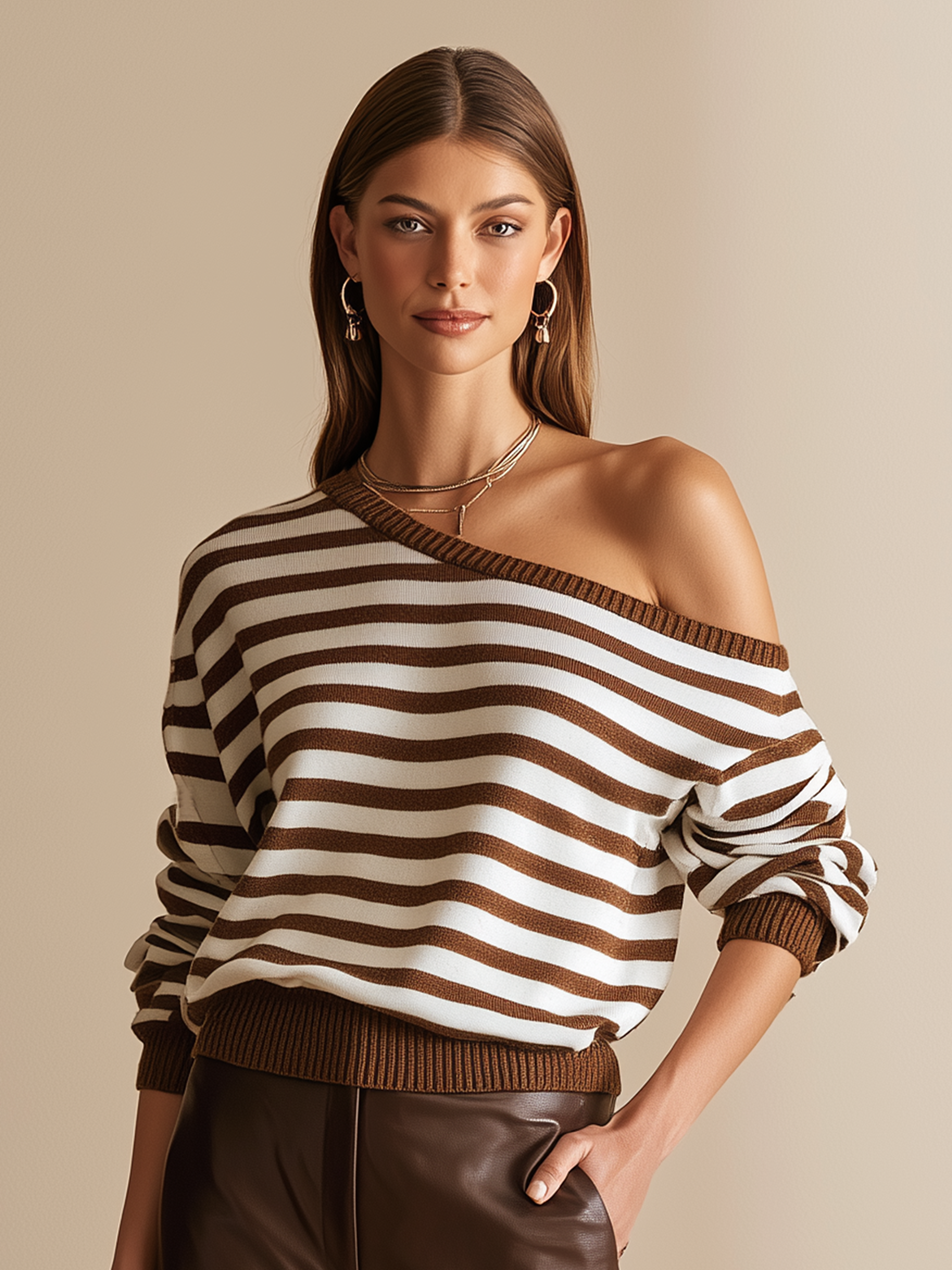 Elegant Brown & Ivory Striped Off-Shoulder Knit Top
