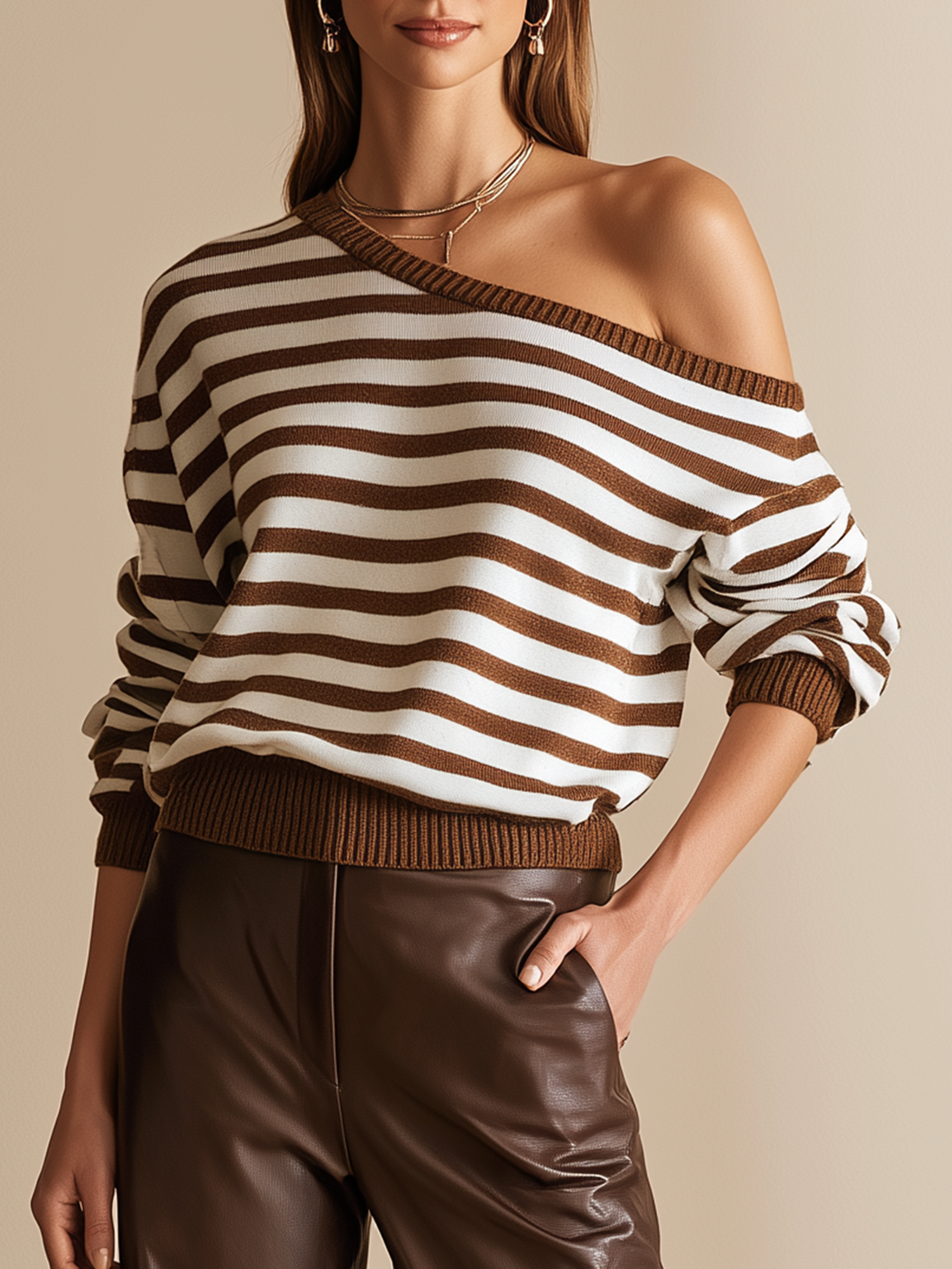 Elegant Brown & Ivory Striped Off-Shoulder Knit Top