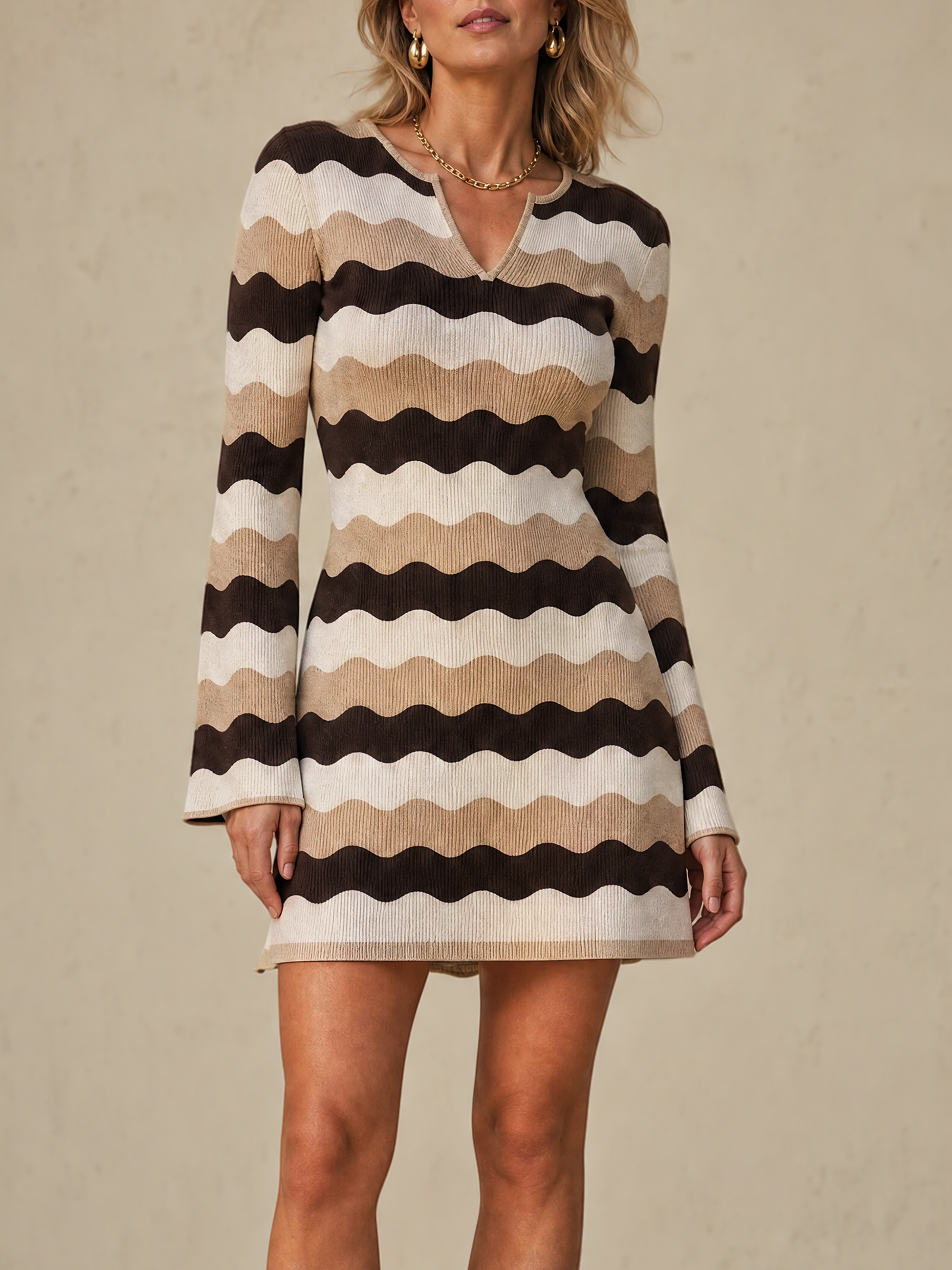 Elegant Brown Beige & Ivory Wave Knit Mini Dress