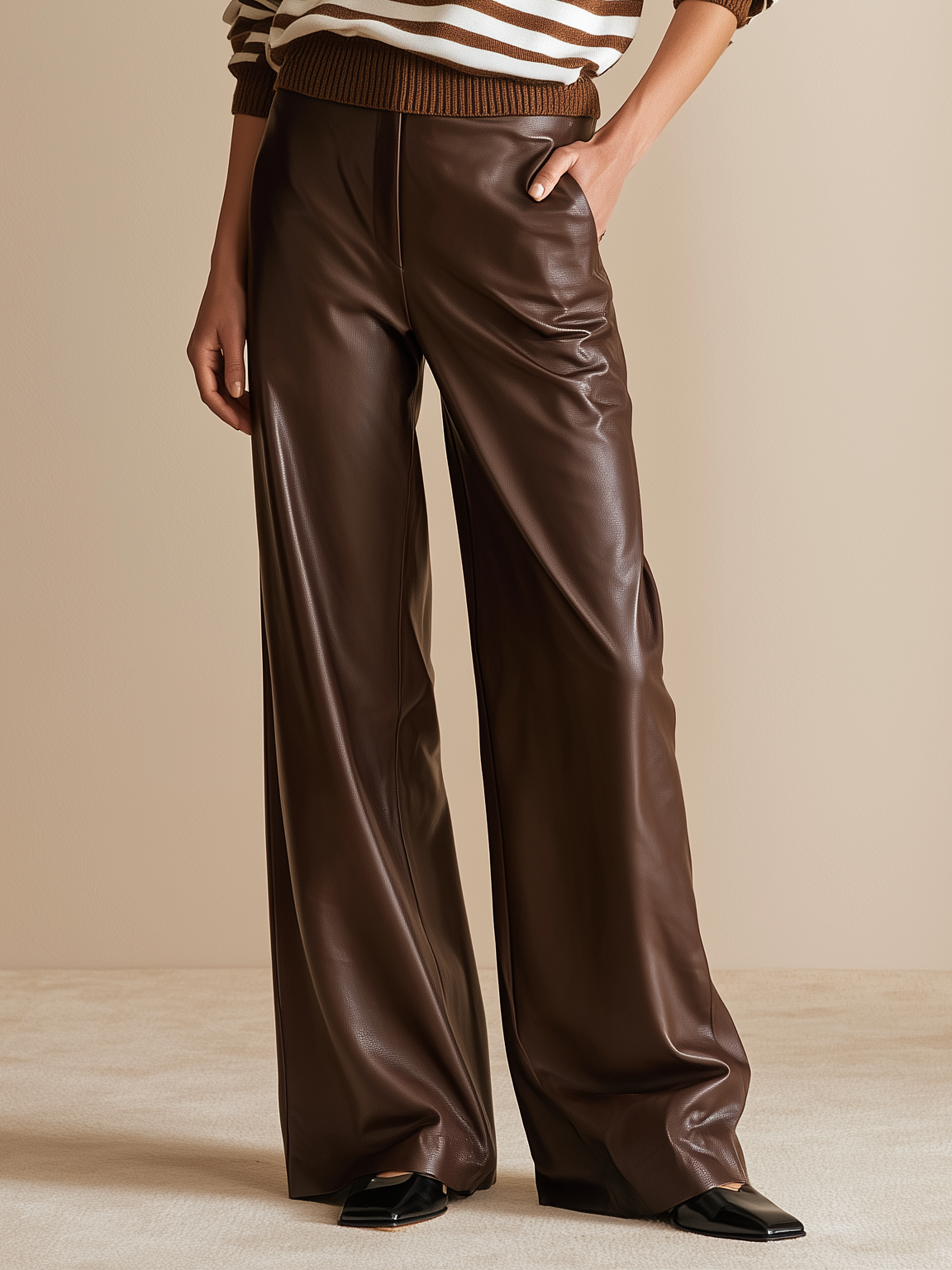 Elegant Chocolate Brown Leather Wide-Leg Pants