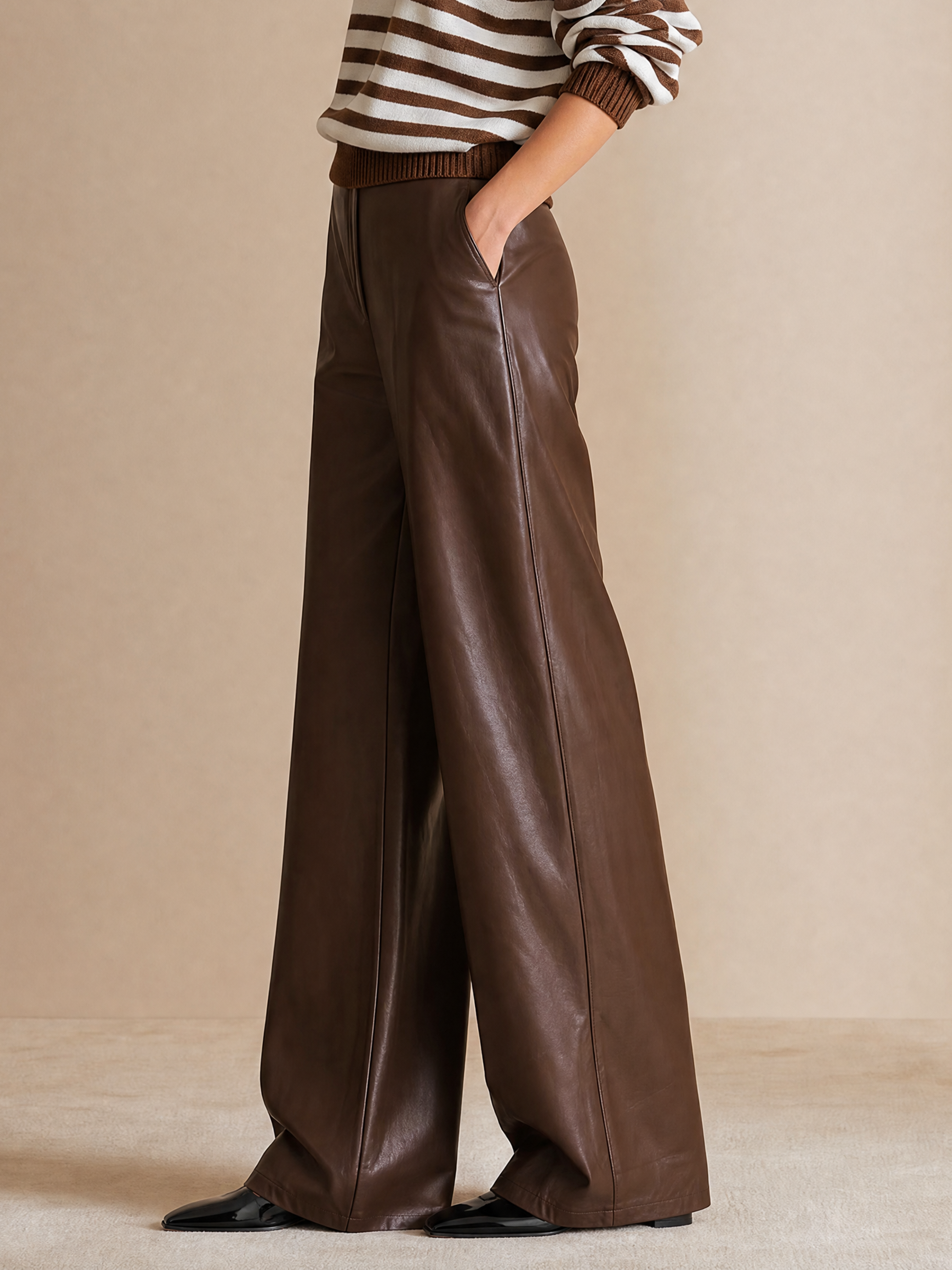 Elegant Chocolate Brown Leather Wide-Leg Pants