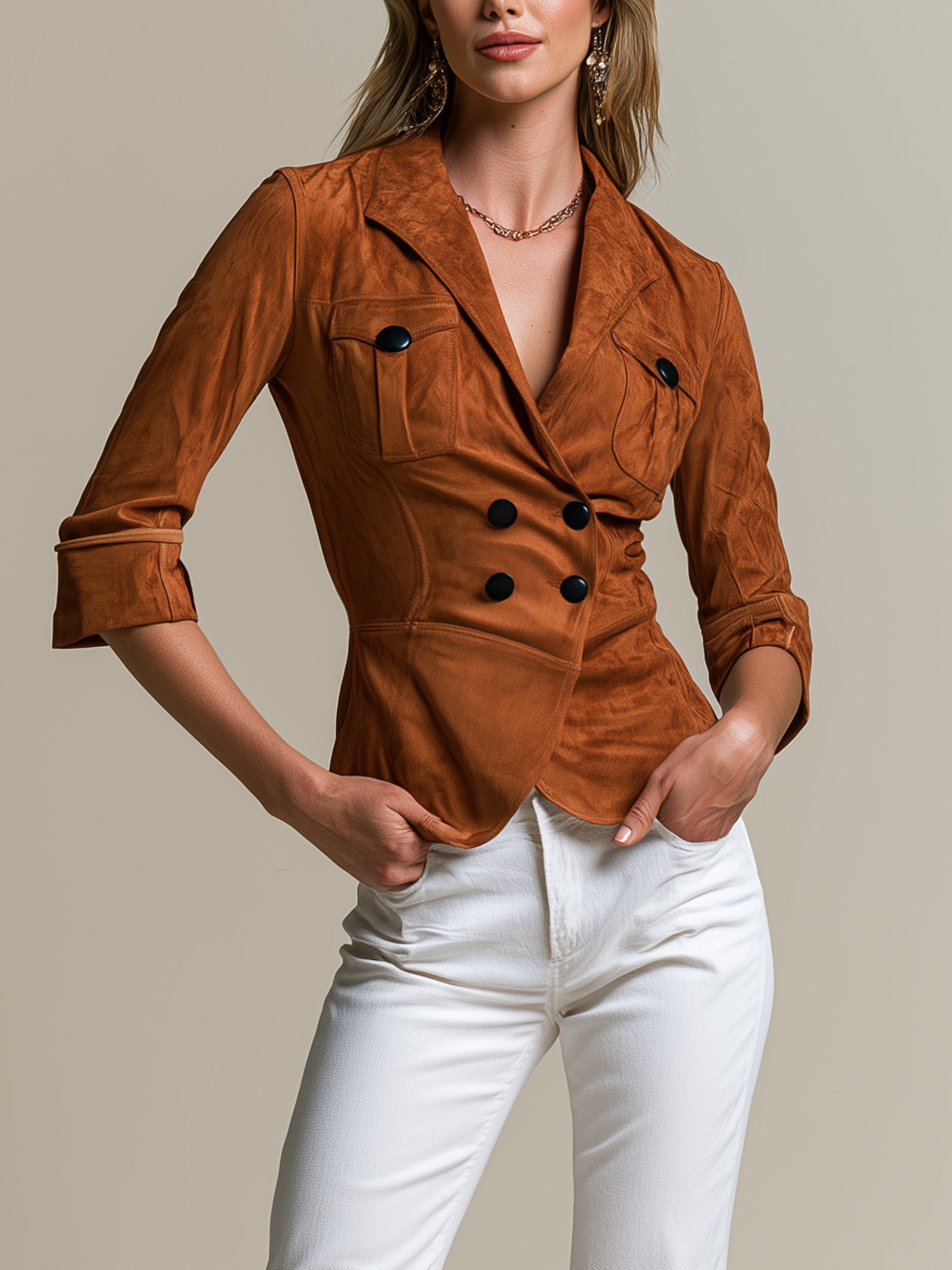 Elegant Brown Waist-cinching Jacket