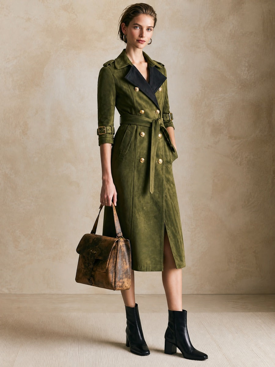 Army‑Green Contrast‑Lapel Double‑Breasted Belted Trench‑Style Midi Dress