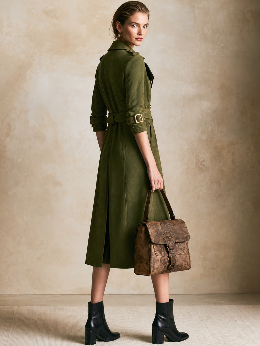 Army‑Green Contrast‑Lapel Double‑Breasted Belted Trench‑Style Midi Dress
