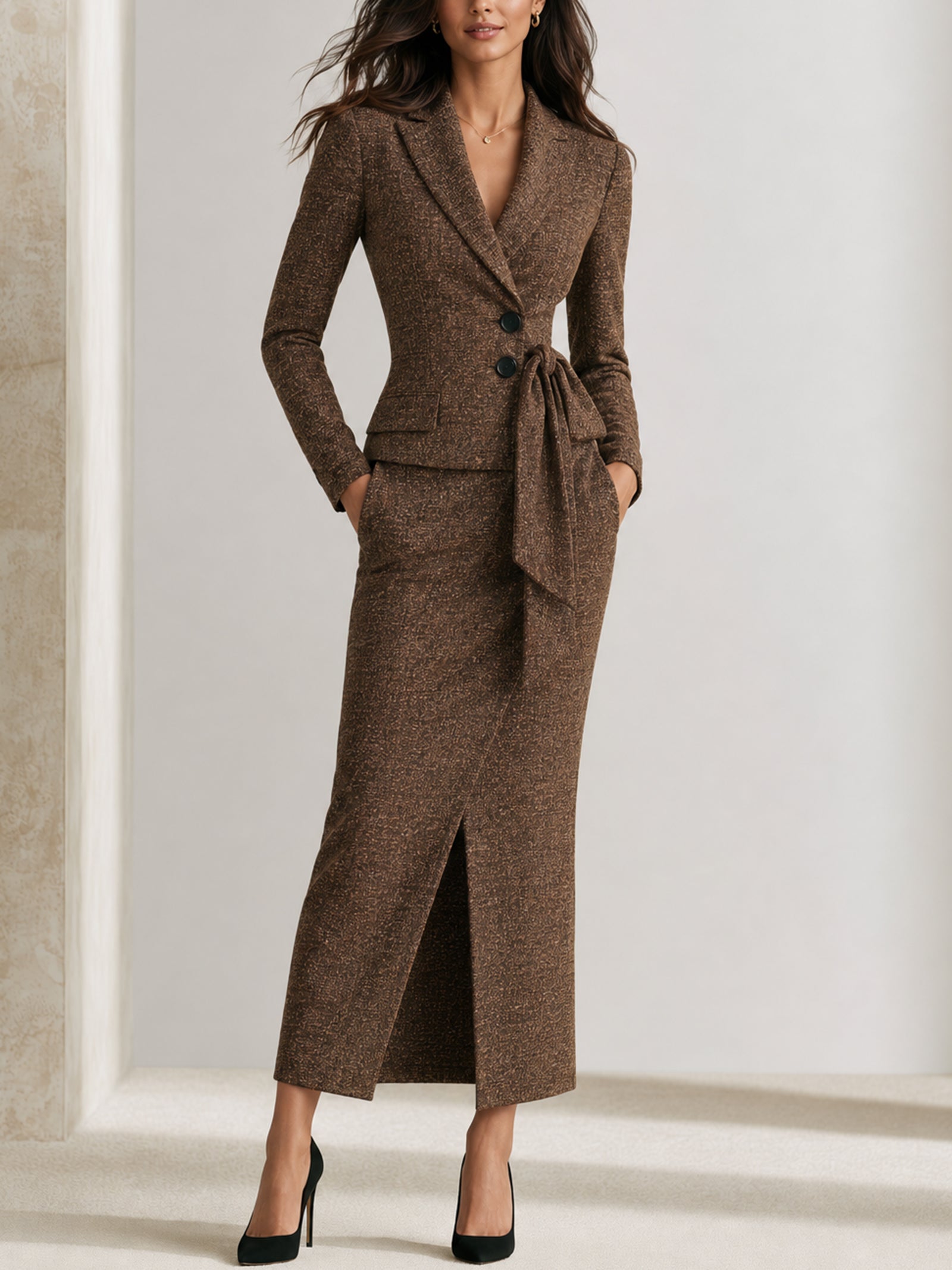 Elegant Brown Mixed-Weave Wool-Blend Blazer And Skirt Set