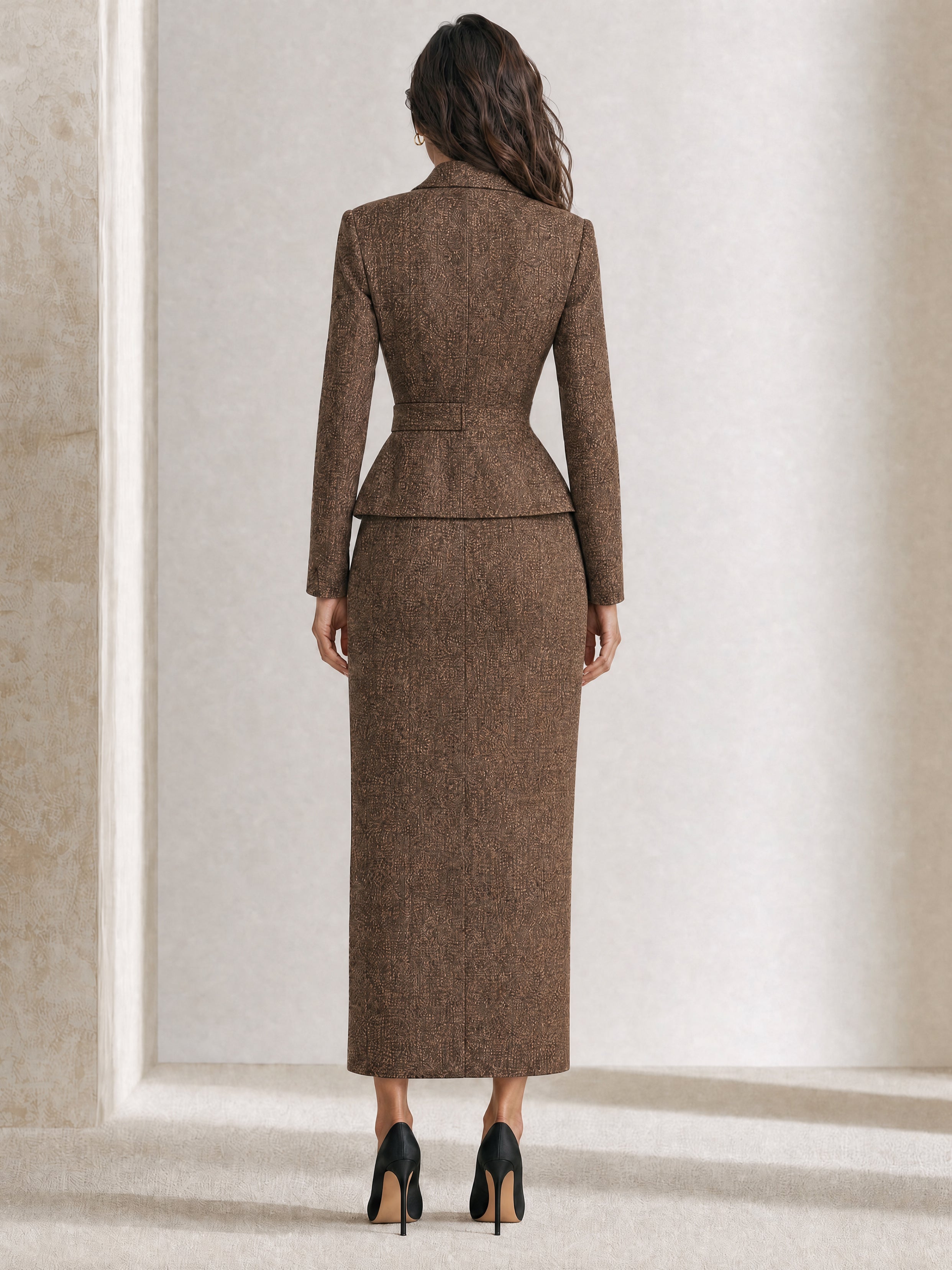 Elegant Brown Mixed-Weave Wool-Blend Blazer And Skirt Set