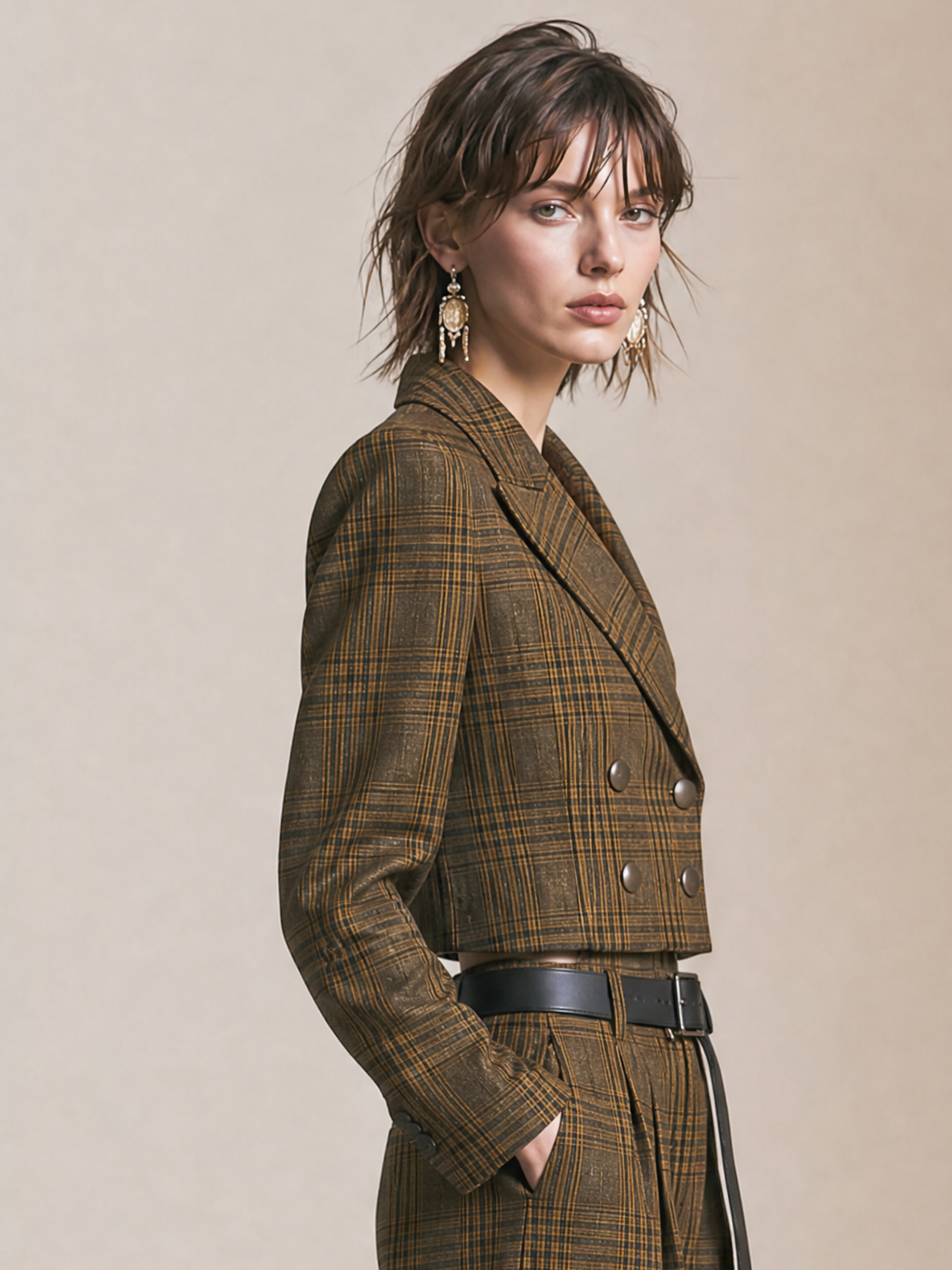 Elegant Olive Brown & Dark Coffee Plaid Cropped Blazer