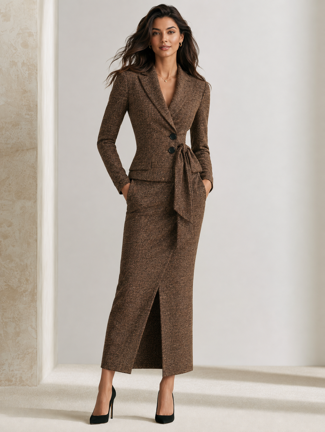 Elegant Brown Mixed-Weave Wool-Blend Blazer And Skirt Set
