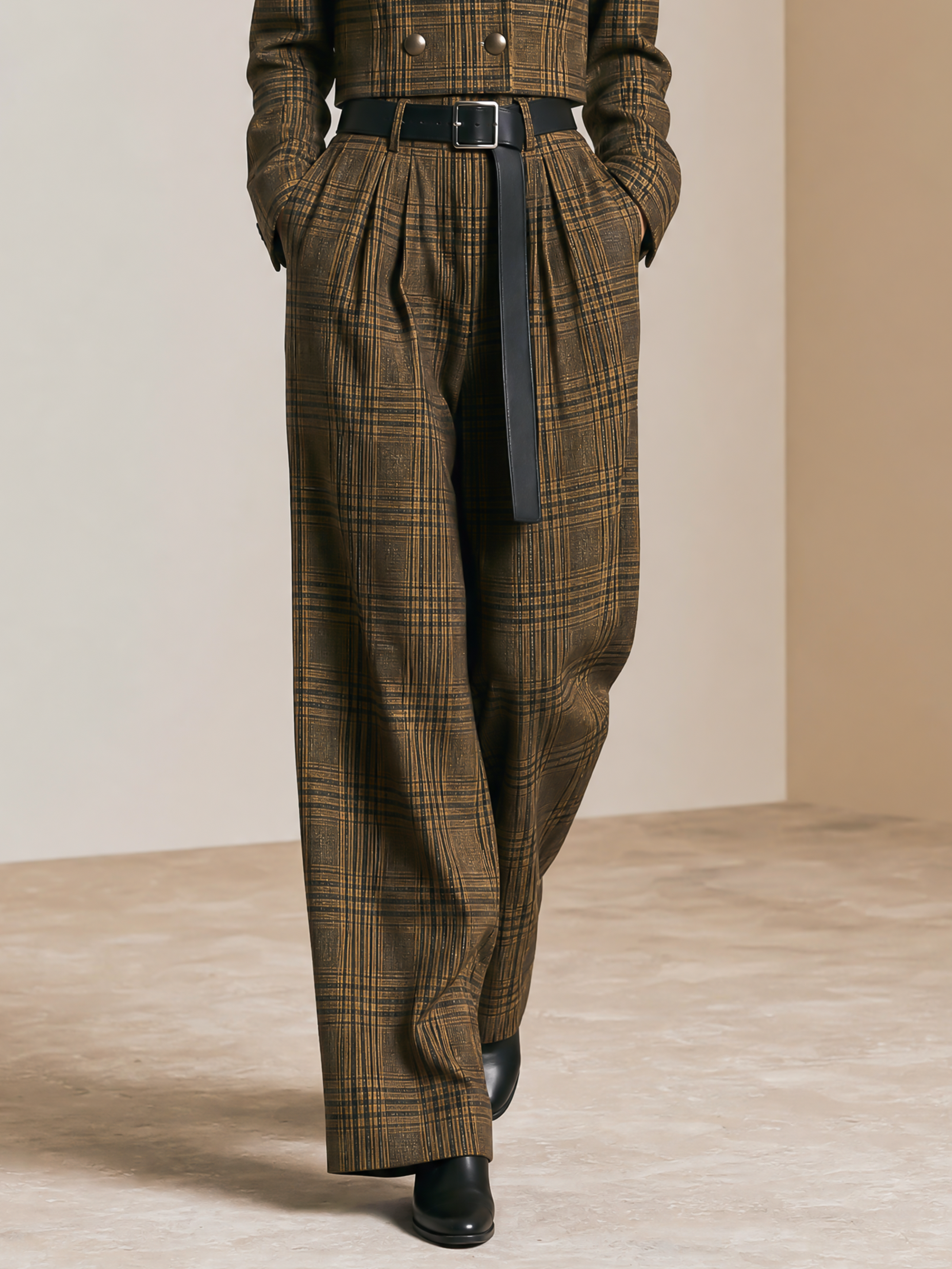 Elegant Olive Brown & Dark Coffee Plaid Wide-Leg Pants