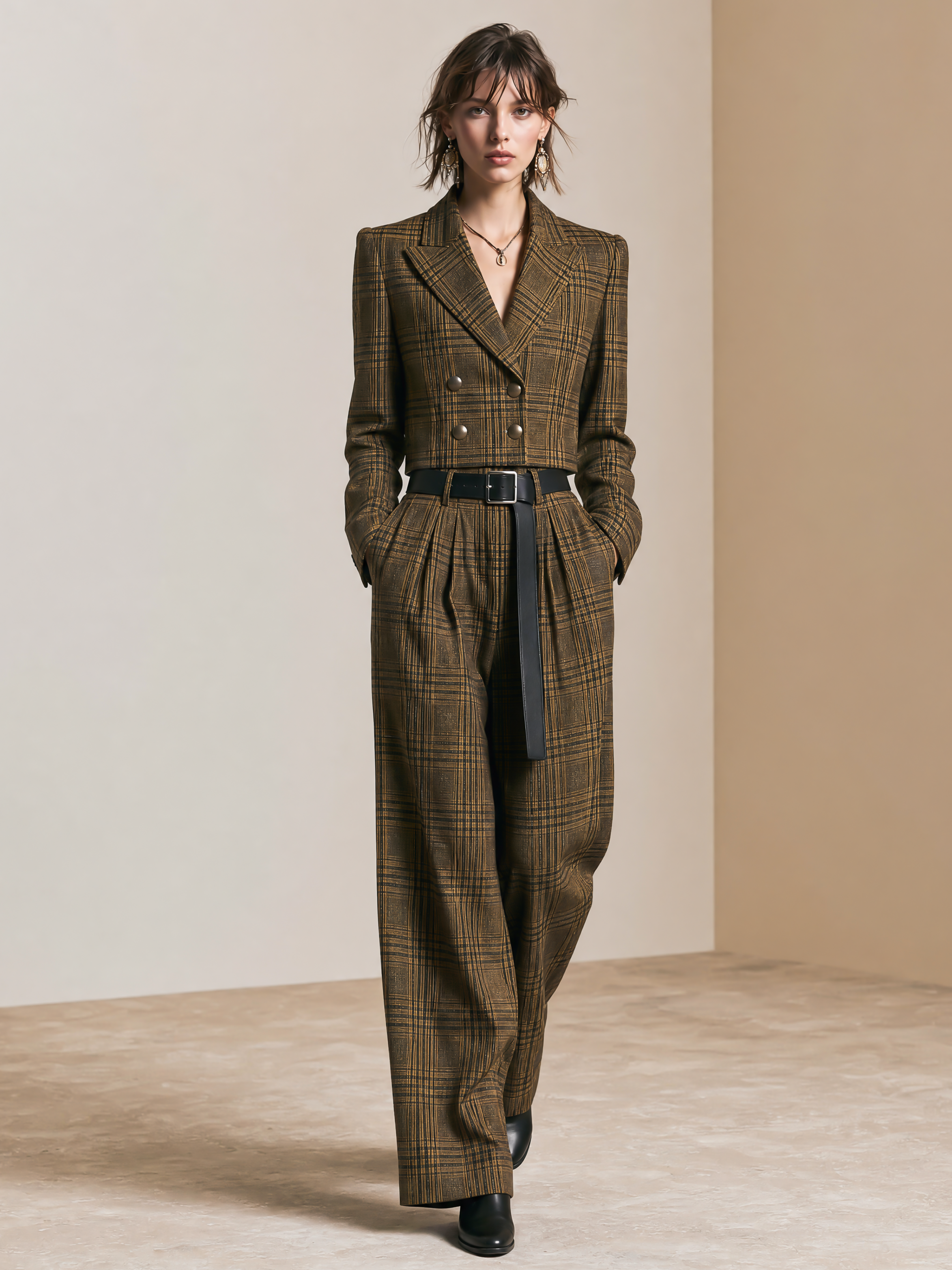 Elegant Olive Brown & Dark Coffee Plaid Wide-Leg Pants