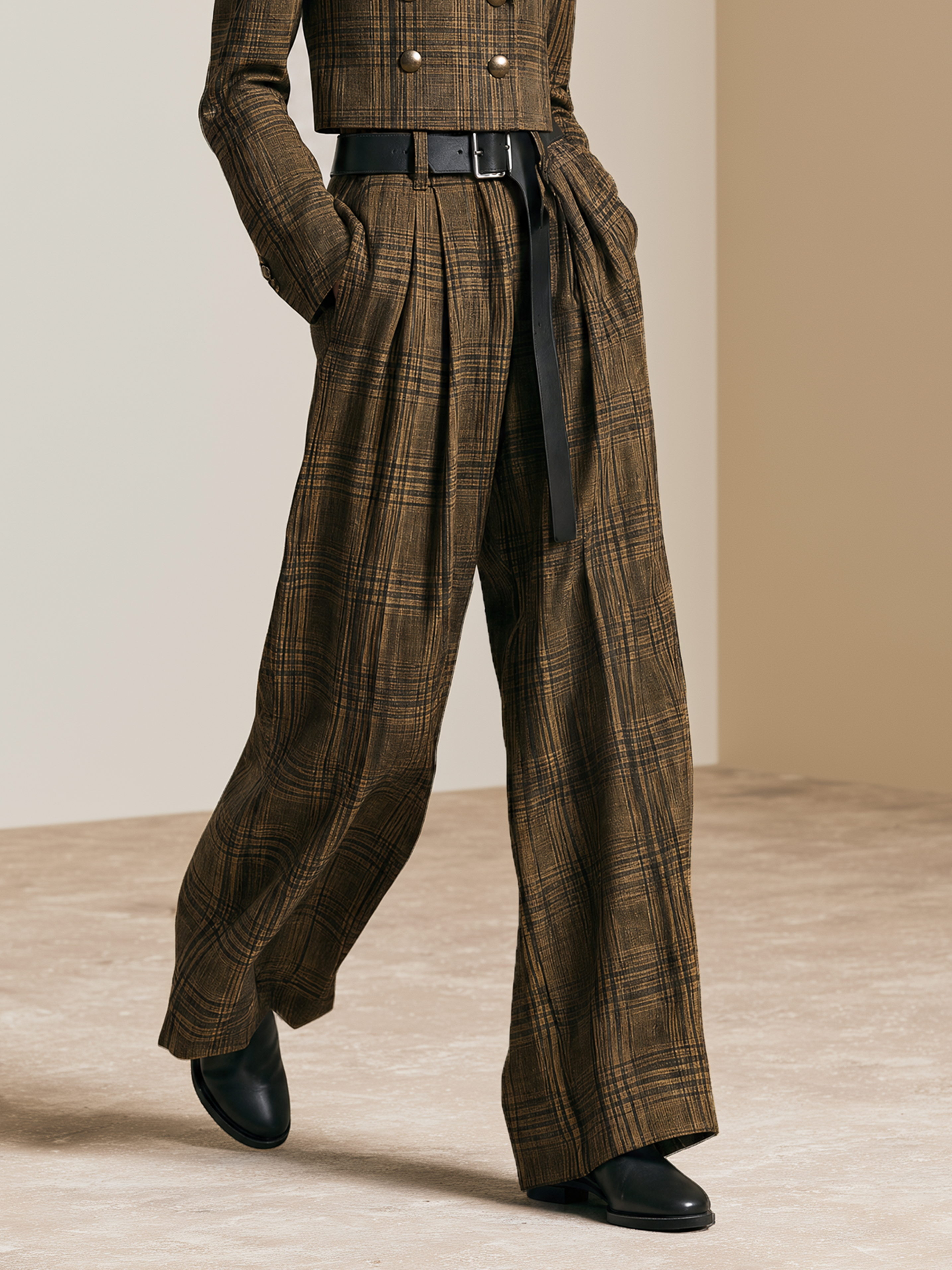 Elegant Olive Brown & Dark Coffee Plaid Wide-Leg Pants