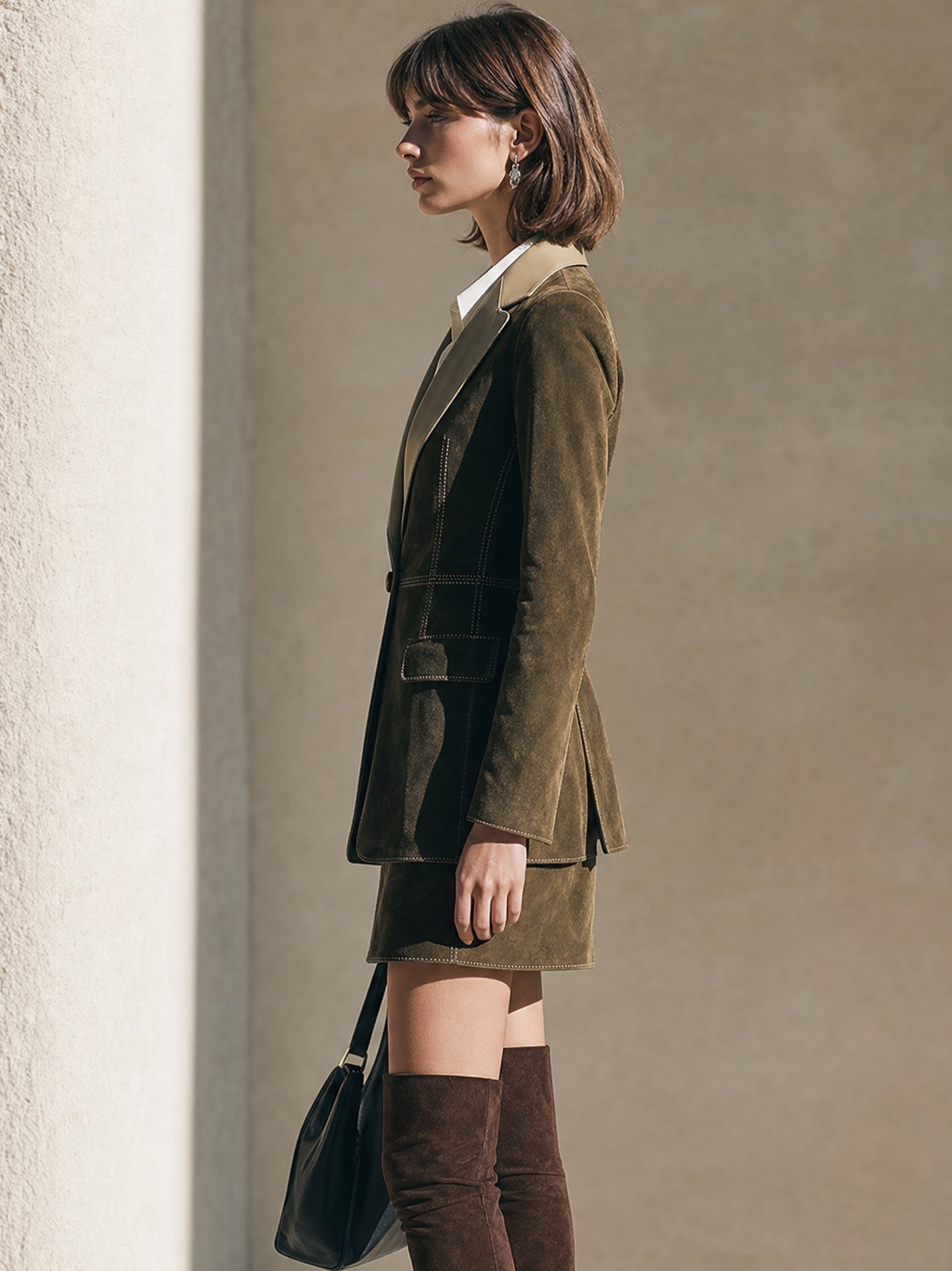 Contrast Collar Suede Lapel Tailored Blazer
