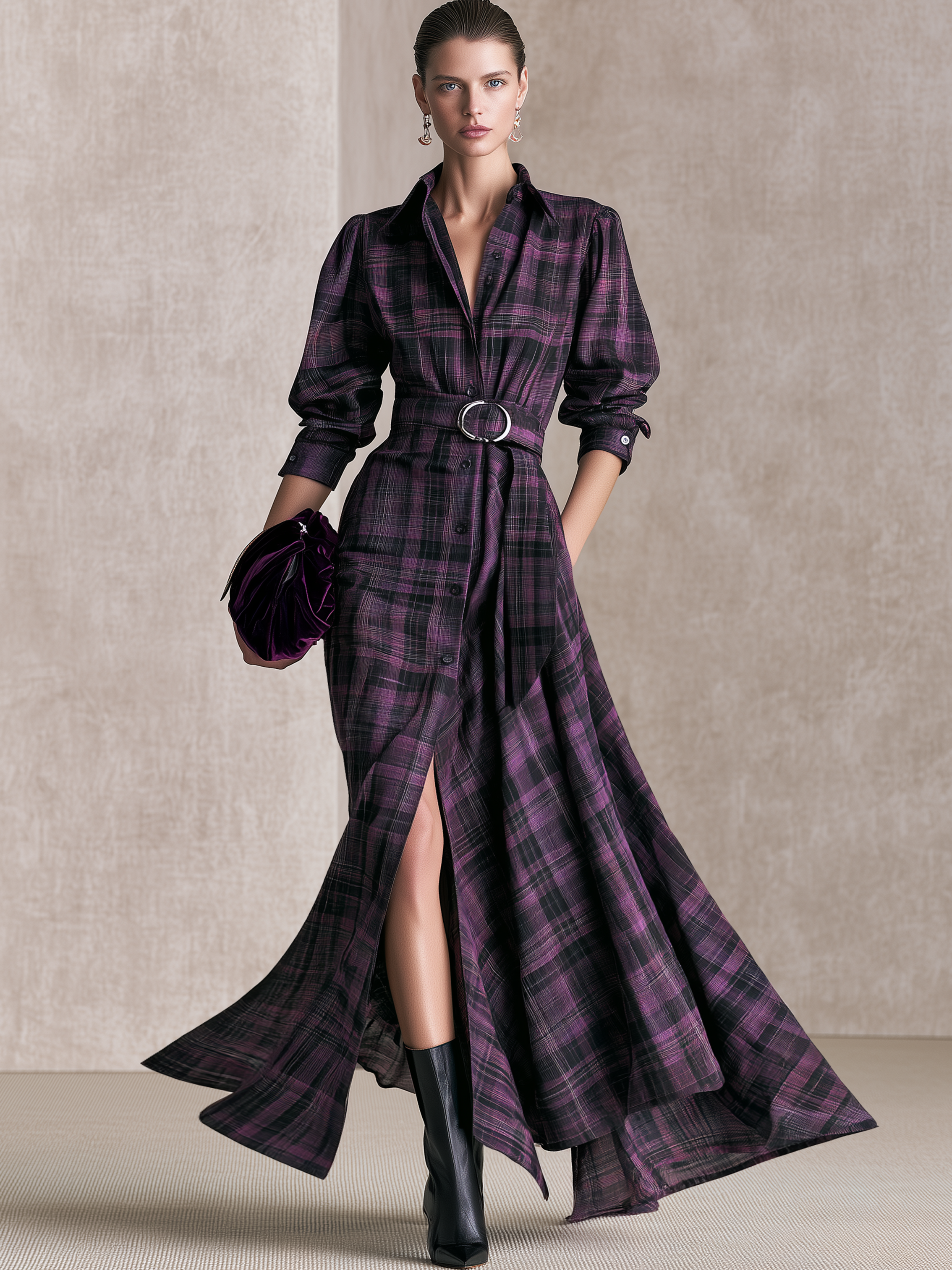 Purple‑Black Plaid Collared Belted Shirt‑Style Maxi Dress