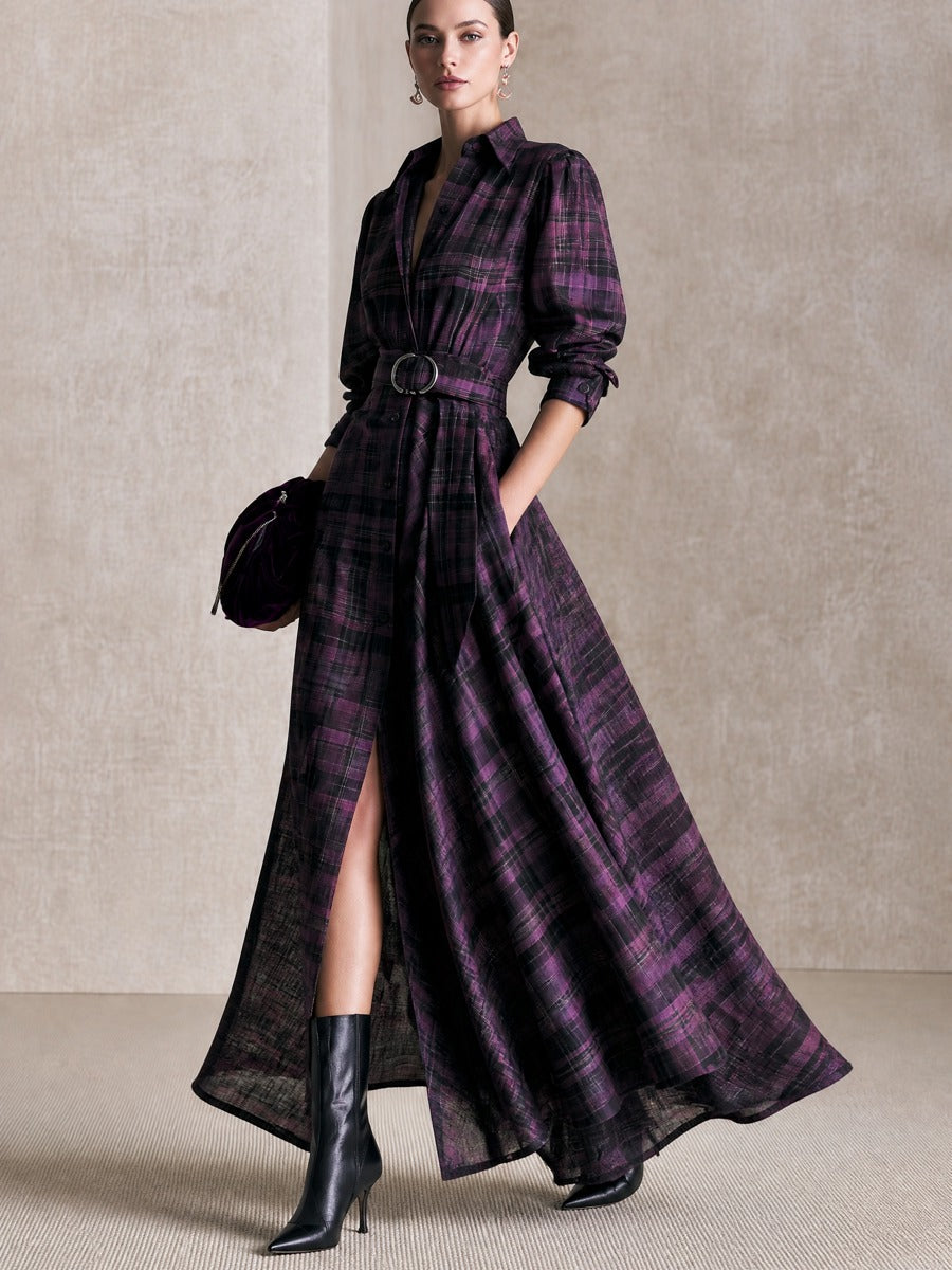 Purple‑Black Plaid Collared Belted Shirt‑Style Maxi Dress