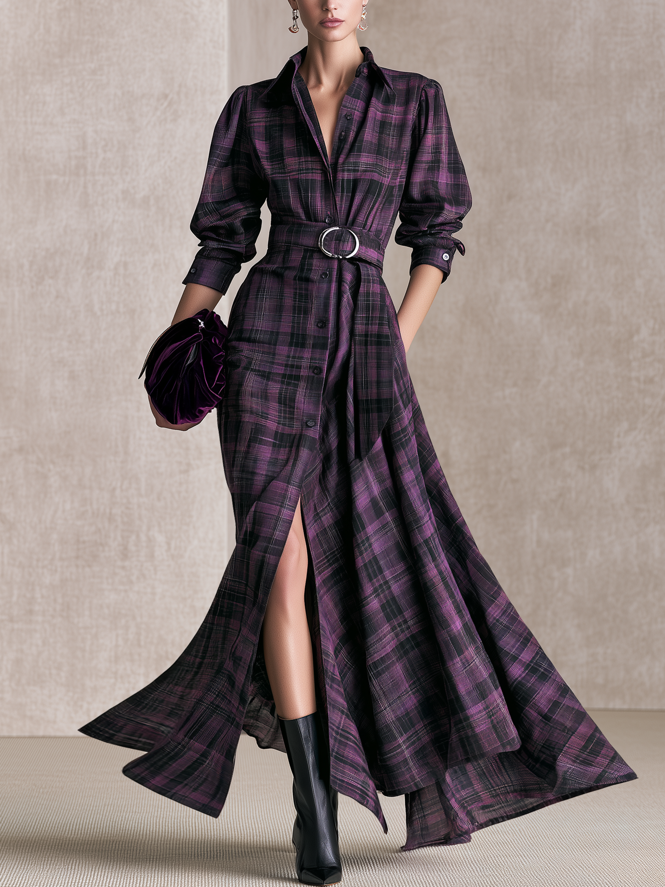 Purple‑Black Plaid Collared Belted Shirt‑Style Maxi Dress