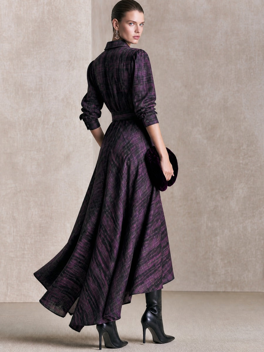 Purple‑Black Plaid Collared Belted Shirt‑Style Maxi Dress
