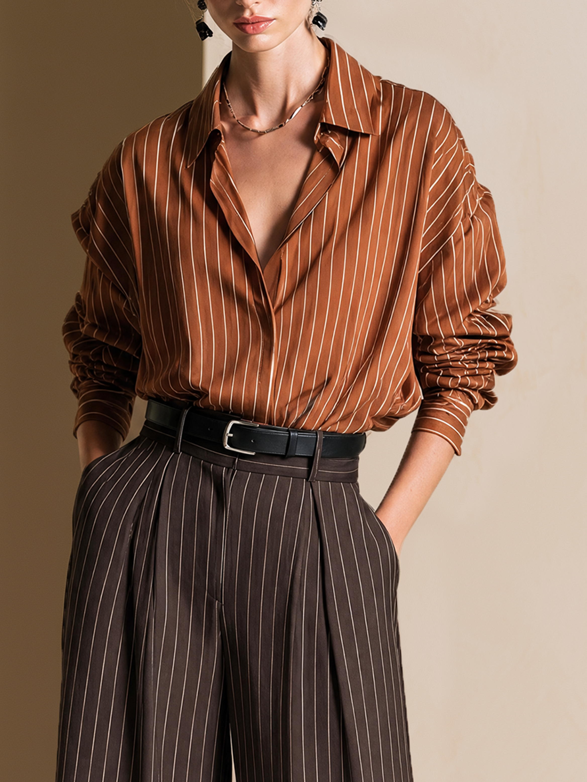 Elegant Warm Brown & Ivory Striped Shirt