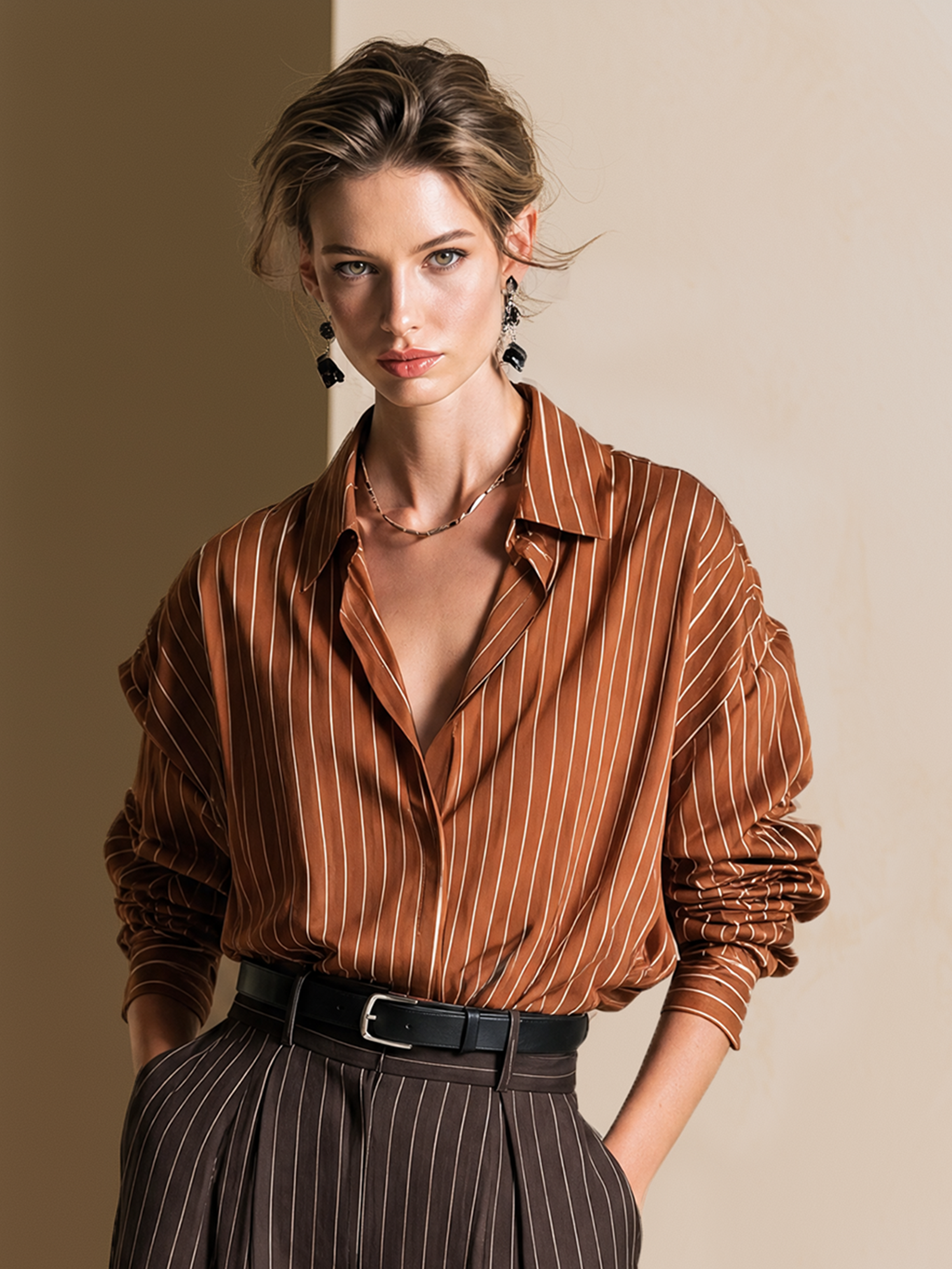 Elegant Warm Brown & Ivory Striped Shirt