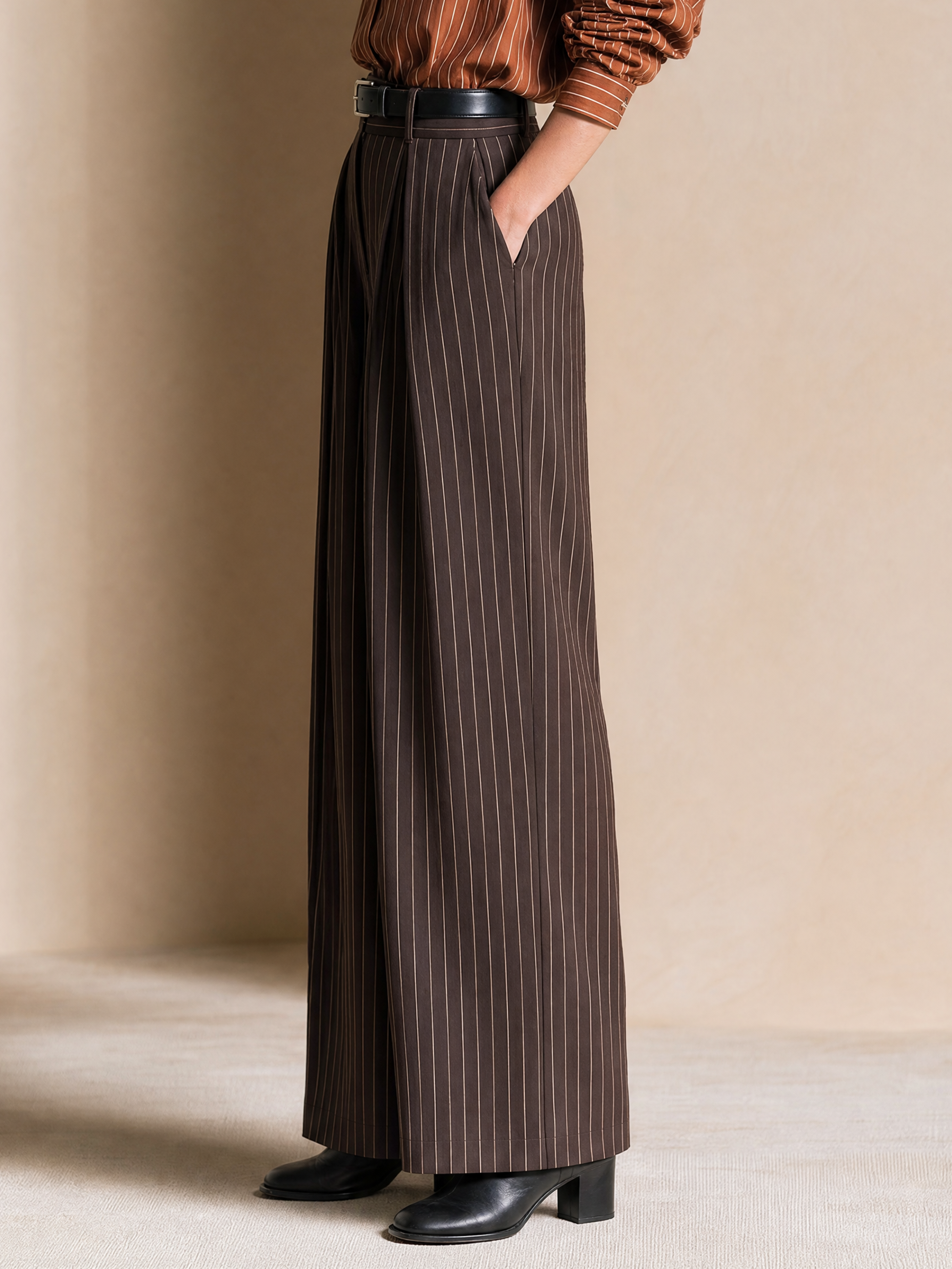 Elegant Coffee Brown & Ivory Pinstripe Wide-Leg Pants
