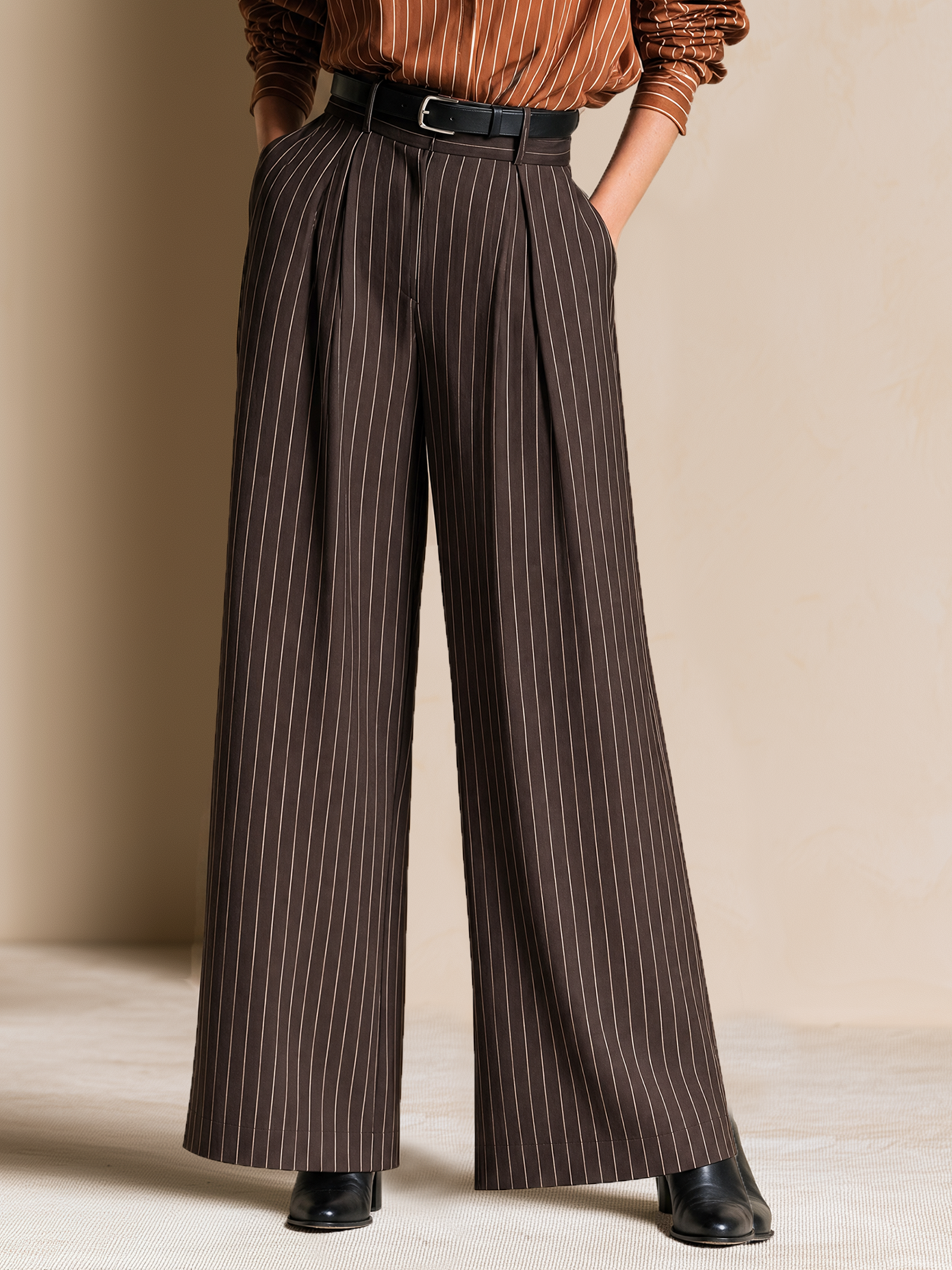 Elegant Coffee Brown & Ivory Pinstripe Wide-Leg Pants