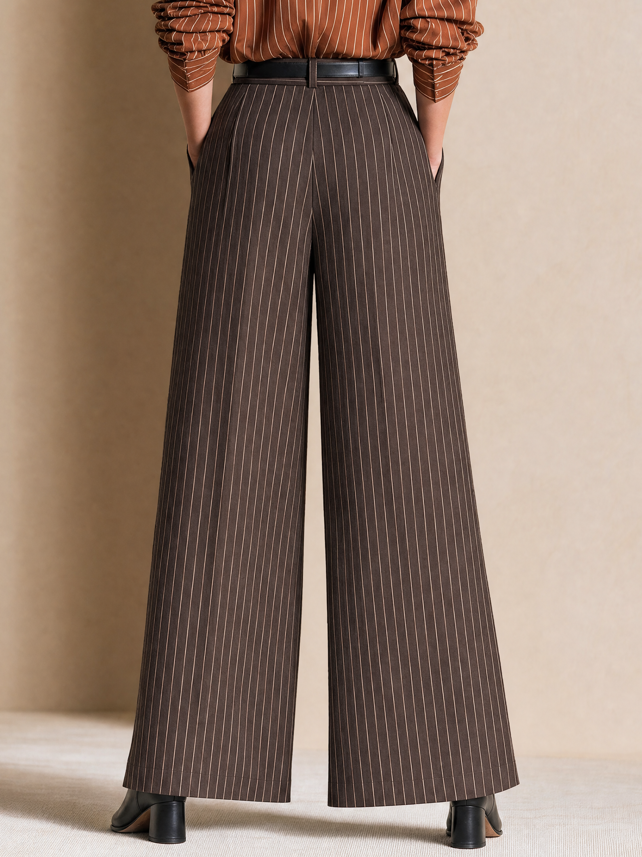 Elegant Coffee Brown & Ivory Pinstripe Wide-Leg Pants