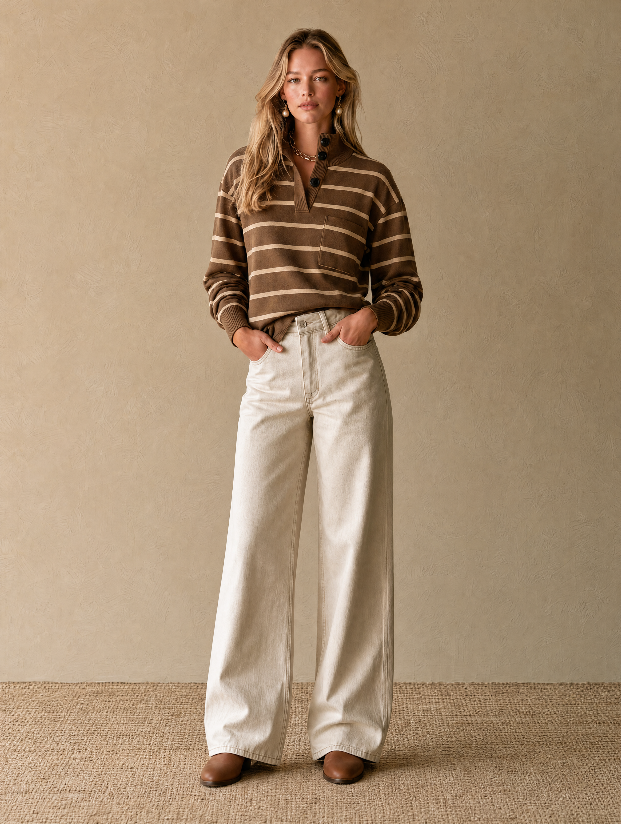 Brown Striped Mock-neck Knit Pullover