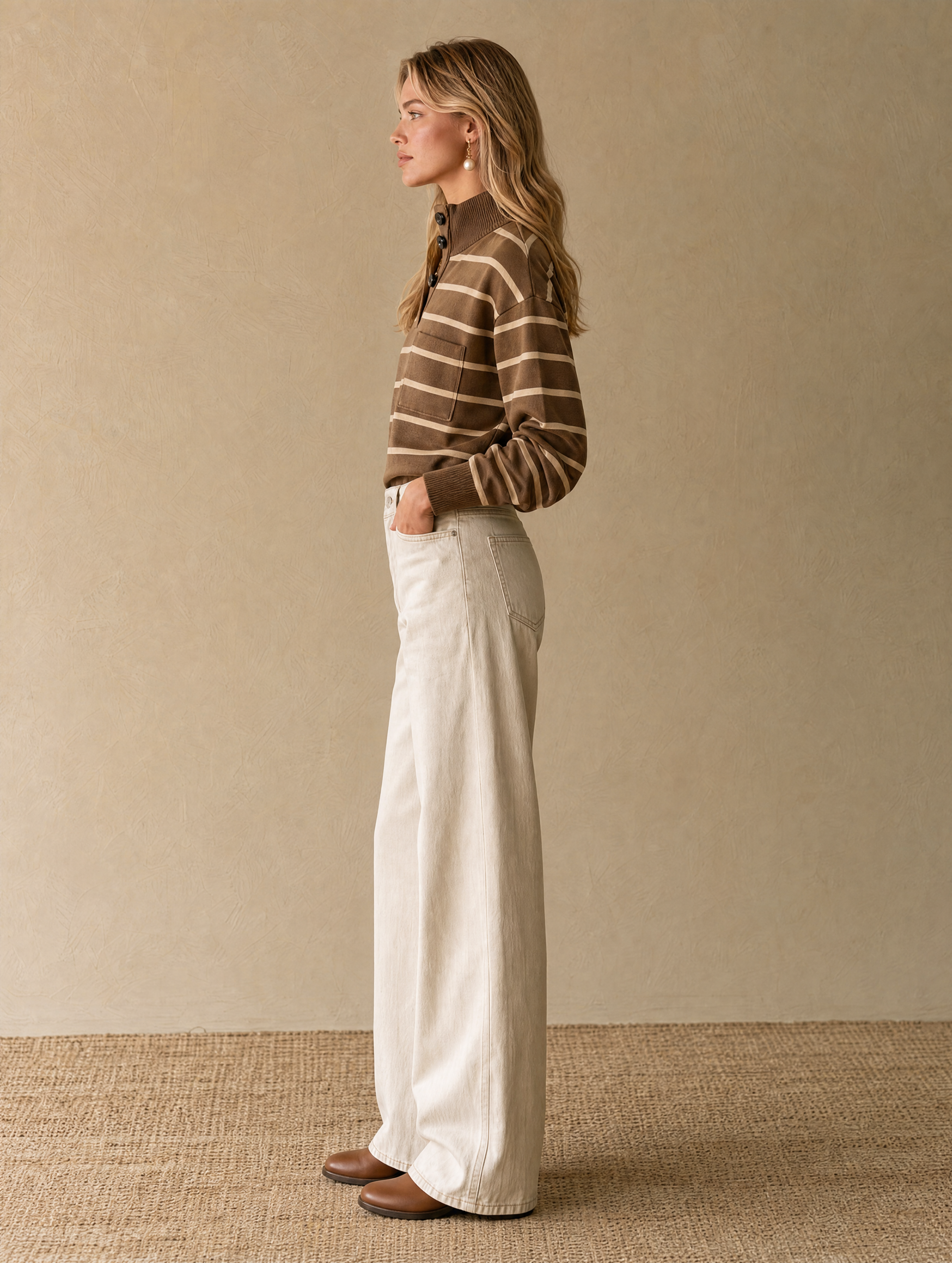 Brown Striped Mock-neck Knit Pullover