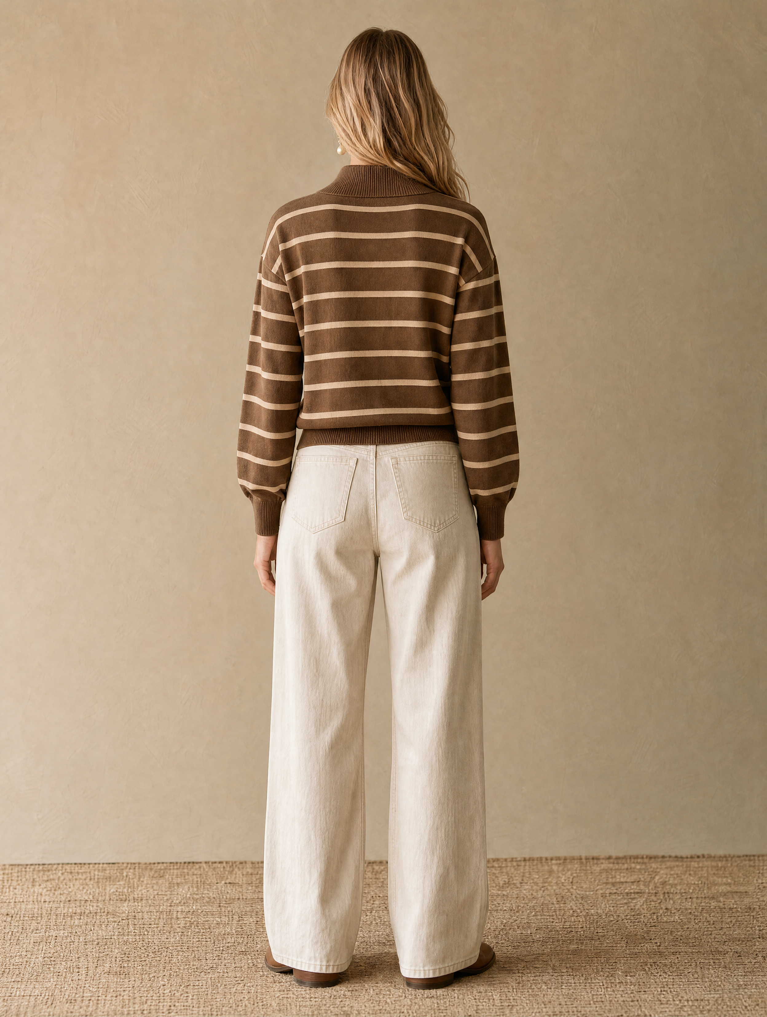 Brown Striped Mock-neck Knit Pullover