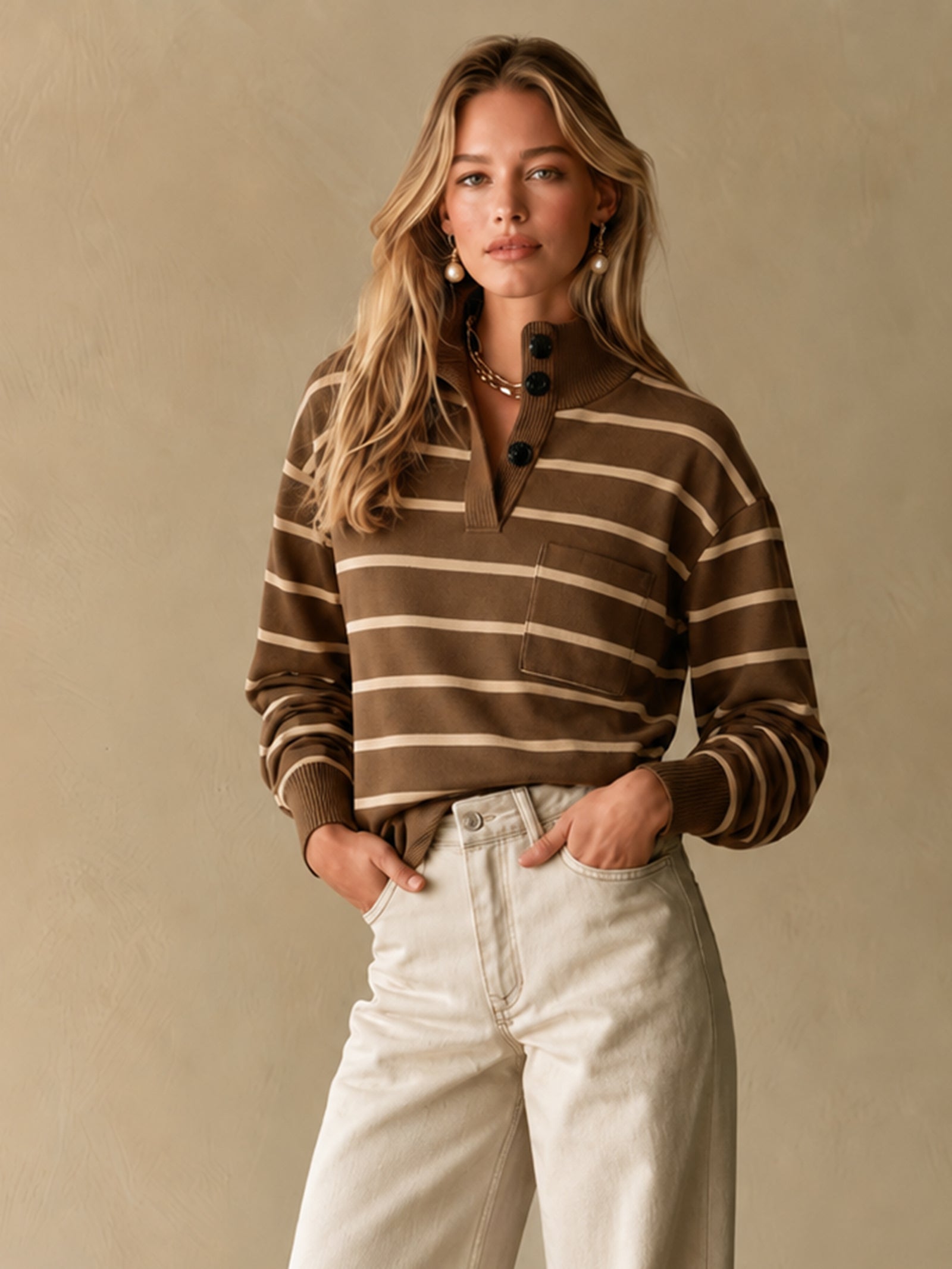 Brown Striped Mock-neck Knit Pullover
