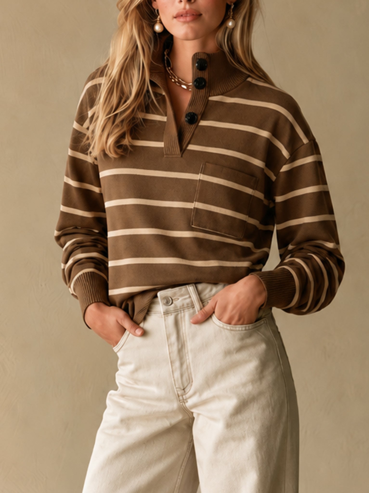 Brown Striped Mock-neck Knit Pullover